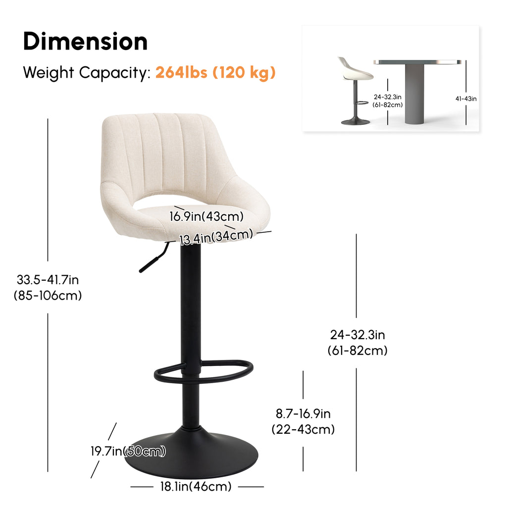 Bar Stools Set of 2, Swivel Counter Height Barstools with Adjustable Height, Linen Upholstered Bar Chairs with Round Metal Base and Footrest, Cream