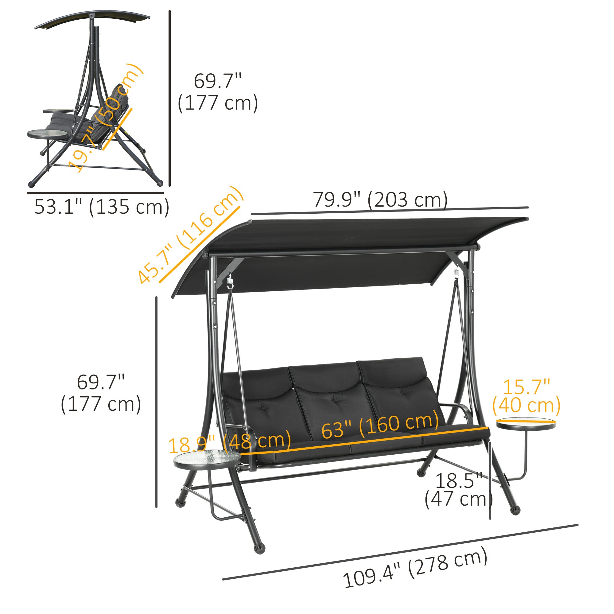 3-Seat Outdoor Swing Chair Steel Swing Bench with Adjustable Canopy & Coffee Tables & Cushion for Patio Garden, Black