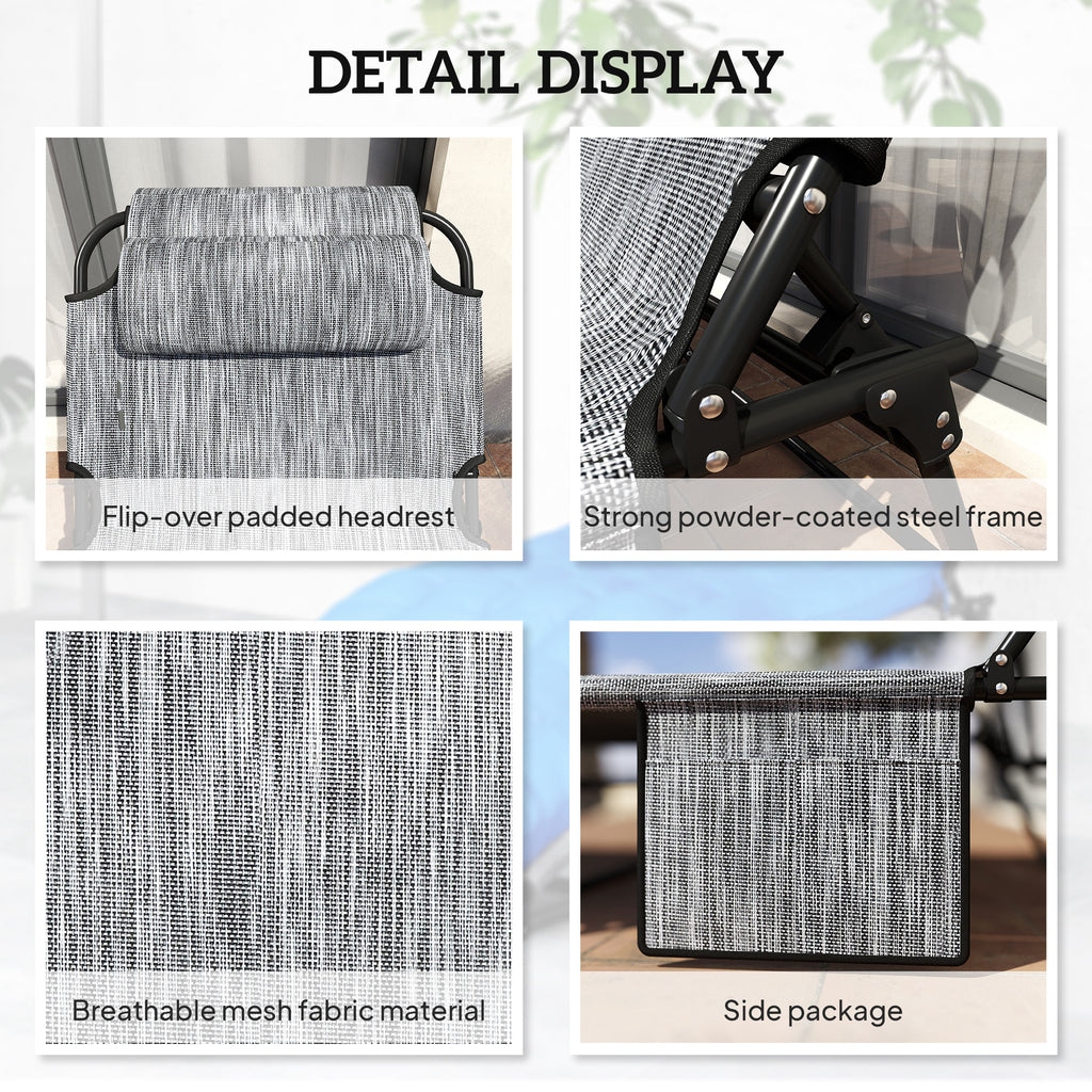 2 Pieces Folding Lounge Chairs with 4-level Reclining Back, Outdoor Tanning Chair with Cushion, Sun Lounger with Breathable Mesh Fabric, Side Pocket, Headrest, Blue