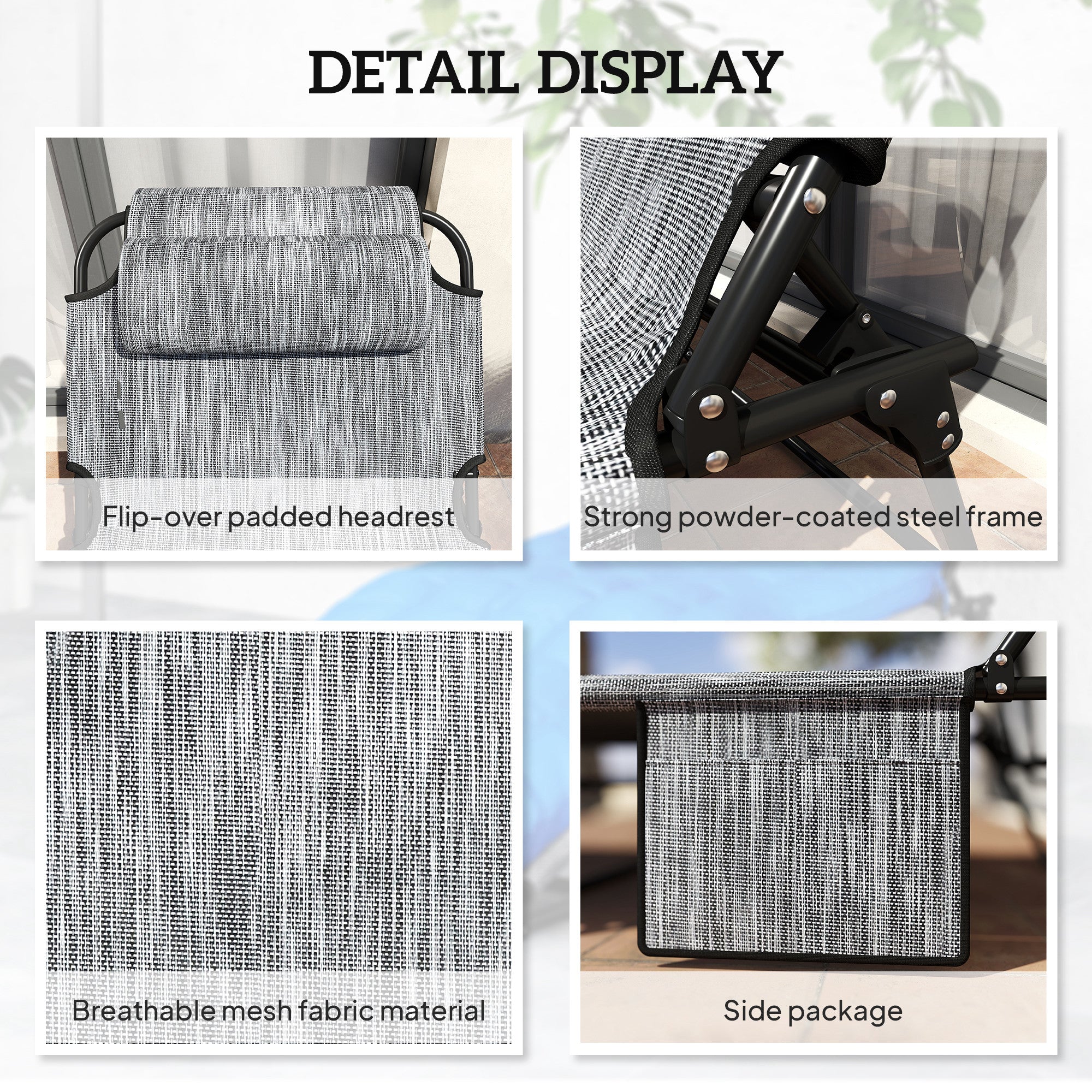 2 Pieces Folding Lounge Chairs with 4-level Reclining Back, Outdoor Tanning Chair with Cushion, Sun Lounger with Breathable Mesh Fabric, Side Pocket, Headrest, Blue
