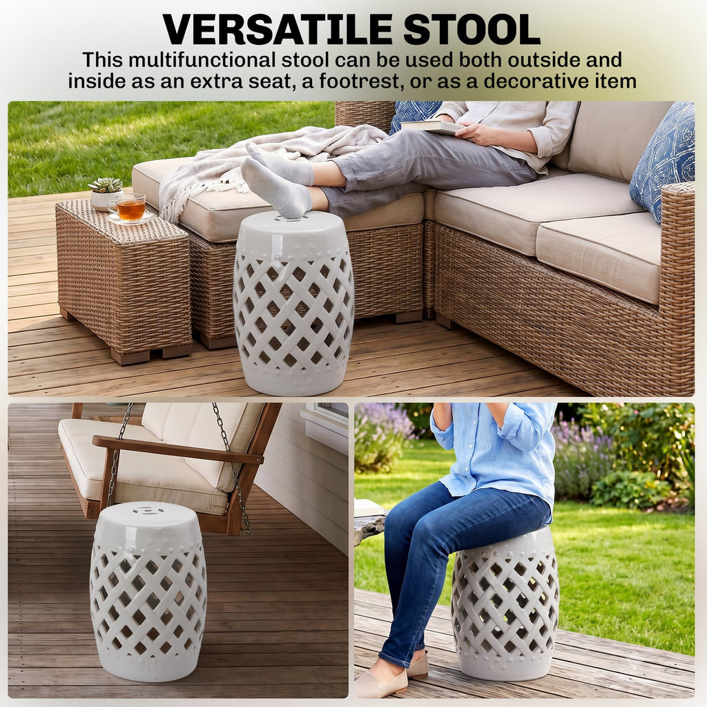 12.4" x 17.9" Ceramic Garden Stool with Woven Lattice Design, Indoor & Outdoor Decorative Accent Stool, White