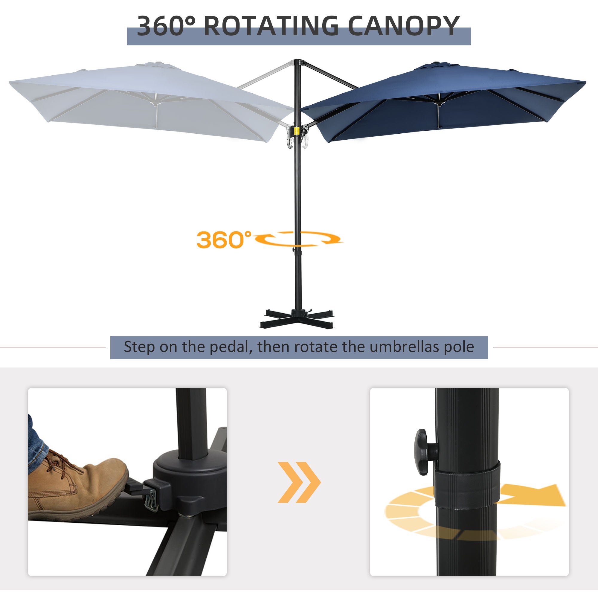 8' x 8' Square Patio Hanging Offset Umbrella with 360Â° Rotation, Aluminum Outdoor Cantilever Parasol with Crank & Tilt, Sun Canopy Shelter with Cross Base, Dark Blue