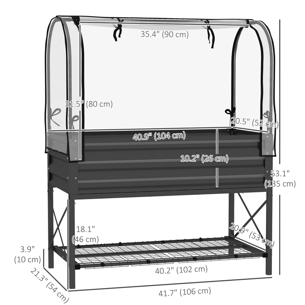 Raised Garden Bed with Cover, Metal Elevated Planter Box with Bottom Shelf and Liner, Black