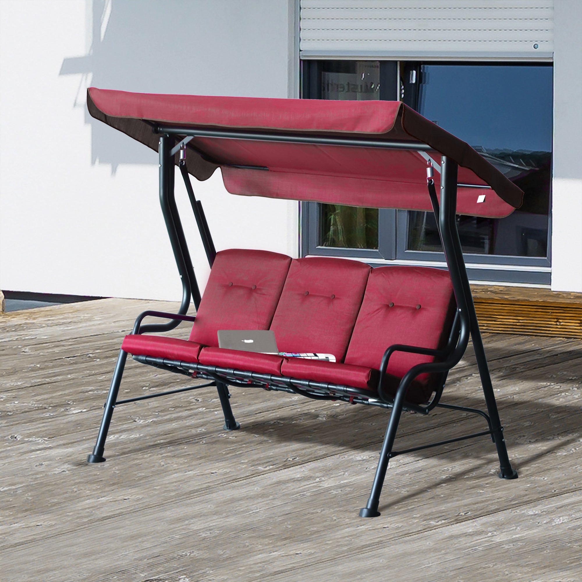 3-Person Porch Swing Chair, Patio Swing Bench with Adjustable Canopy, Removable Thicken Cushion and Weather Resistant Steel Frame for Outdoor, Garden, Poolside, Wine Red