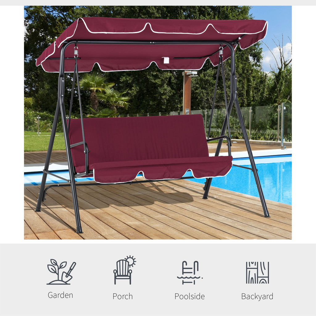 3-Seater Outdoor Swing with Adjustable Canopy, Patio Swing Chair for Garden, Poolside, Backyard, Wine Red