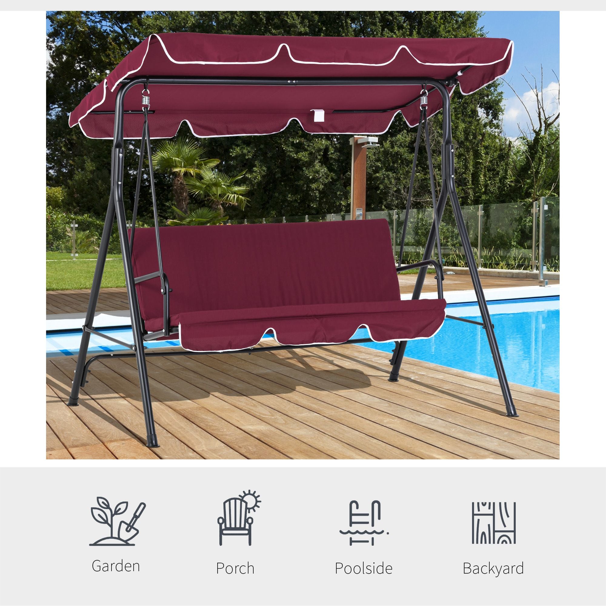3-Seater Outdoor Swing with Adjustable Canopy, Patio Swing Chair for Garden, Poolside, Backyard, Wine Red