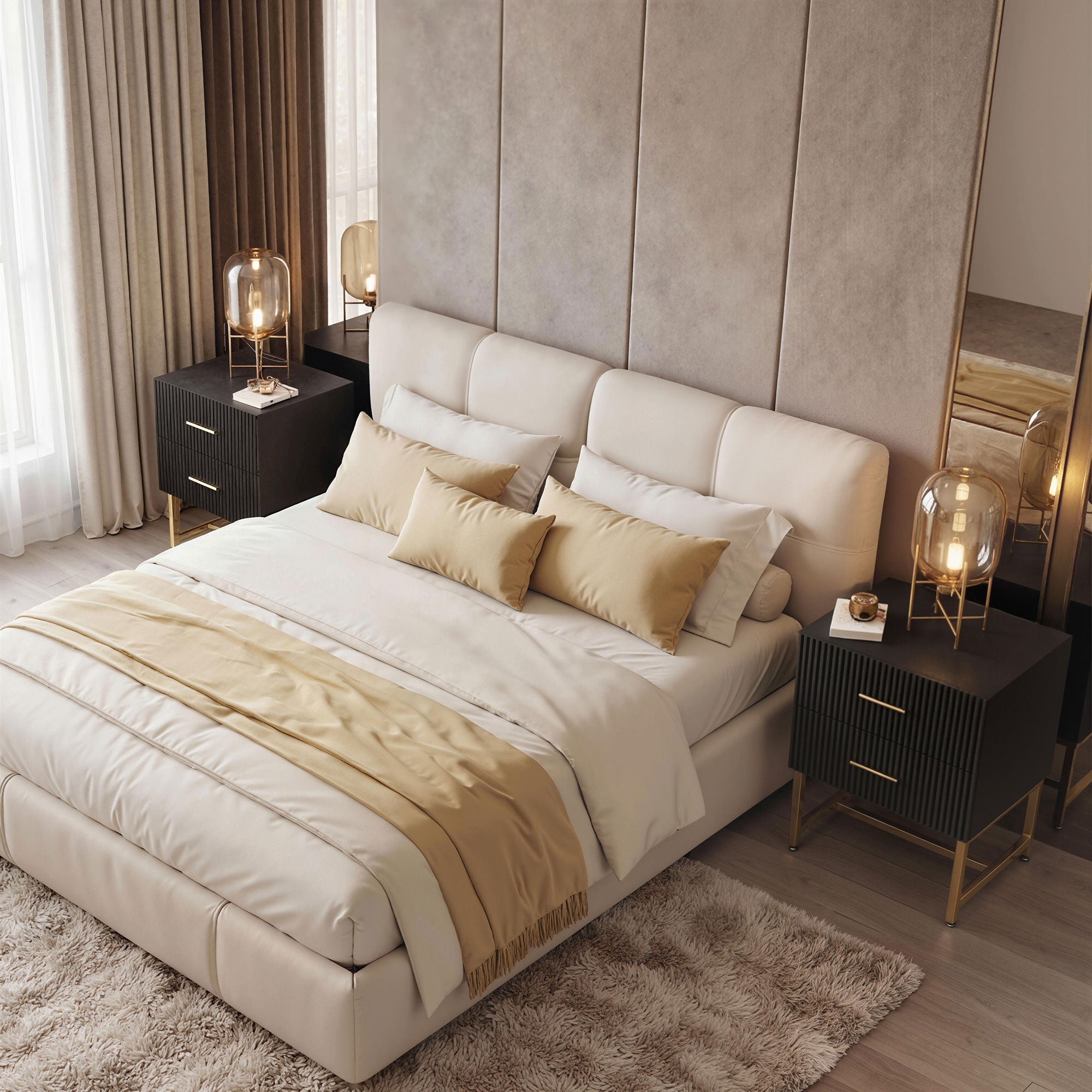 2 Pieces Nightstands with Storage, Modern Bedside Tables with 2 Fluted Drawers and Gold Legs for Bedroom, Black