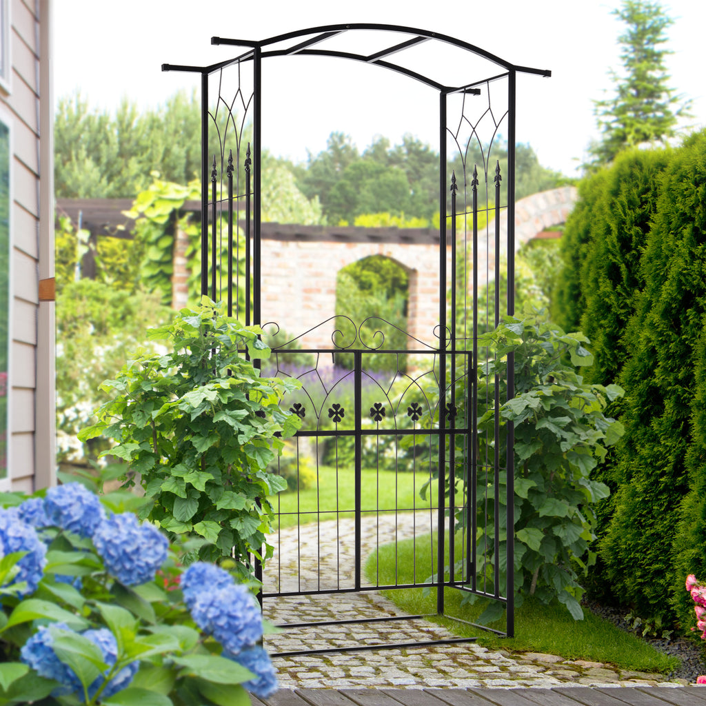 Outdoor Metal Trellis Garden Arch Arbor w/ Lucky Leaf Clover Gate for Ceremony Wedding Party Garden Lawn, Black