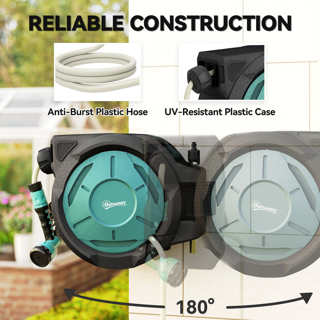1/2 in x 65ft Wall Mounted Garden Hose Reel, Retractable Water Hose Reel with Auto Rewind, Any Length Lock, Blue