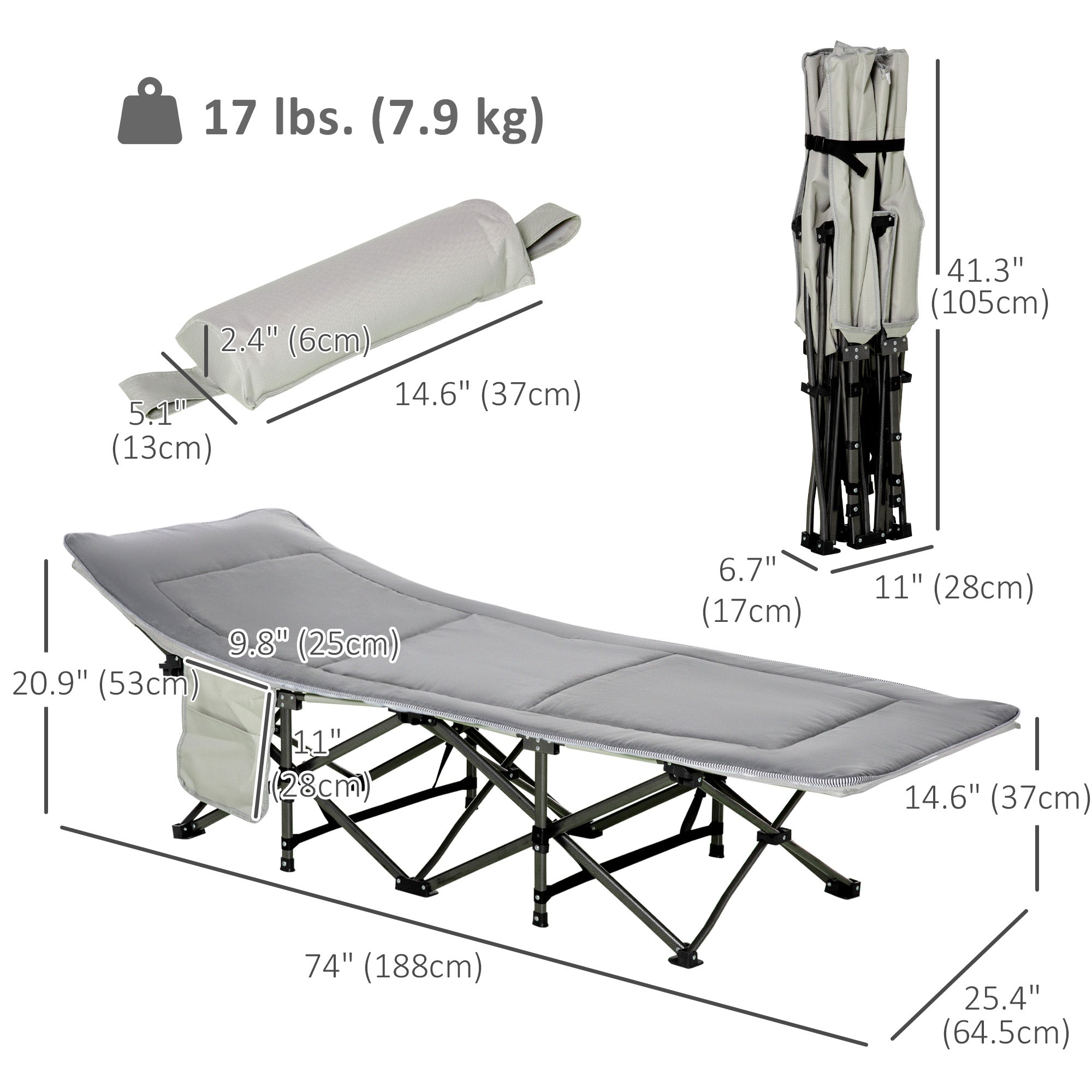 Folding Camping Cot with Mat & Pillow, Double Layer Oxford Heavy Duty Sleeping Cot with Carry Bag Light Grey