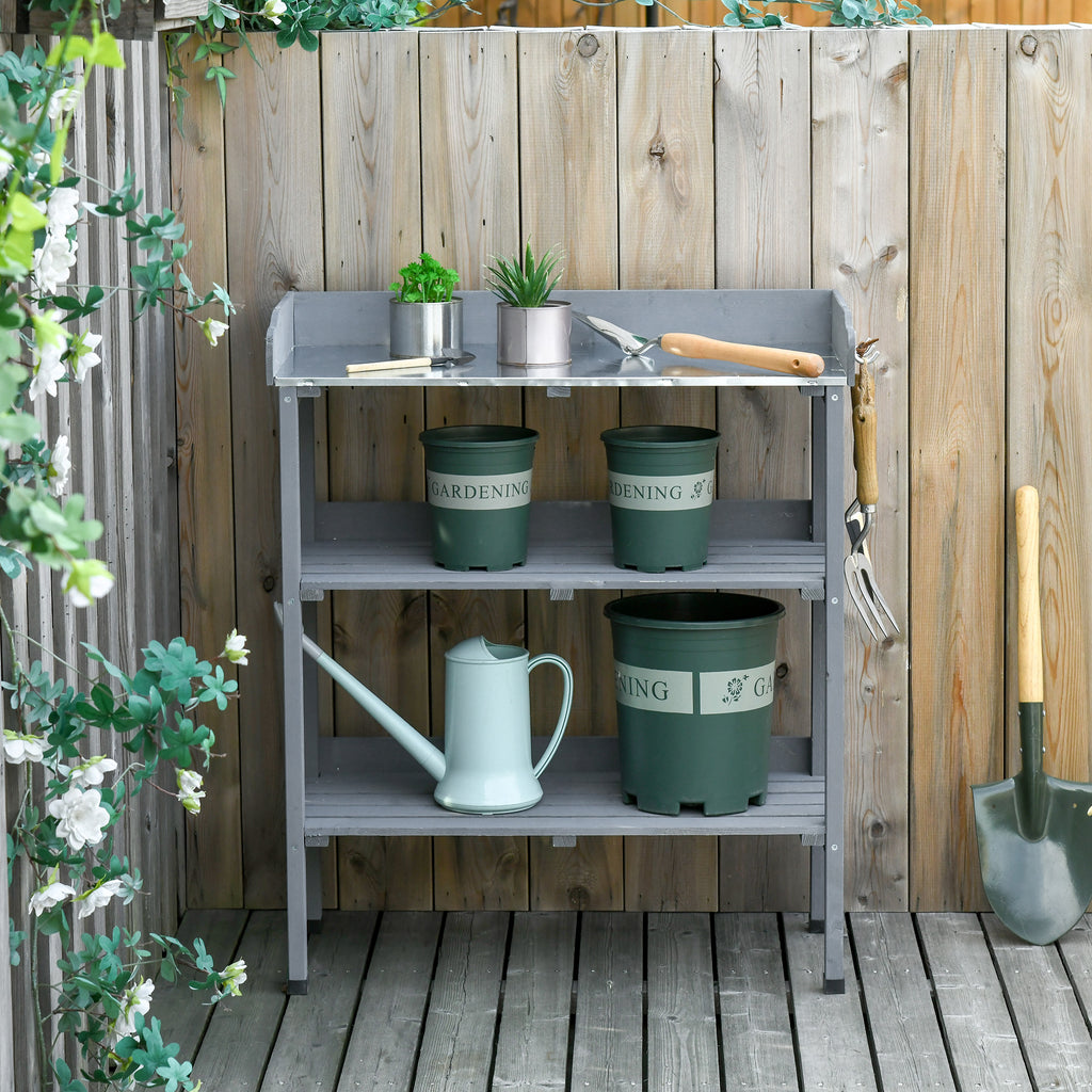 Outdoor Garden Wooden Potting Bench Work Station Table Tool Storage Shelf w/ Hooks, Grey