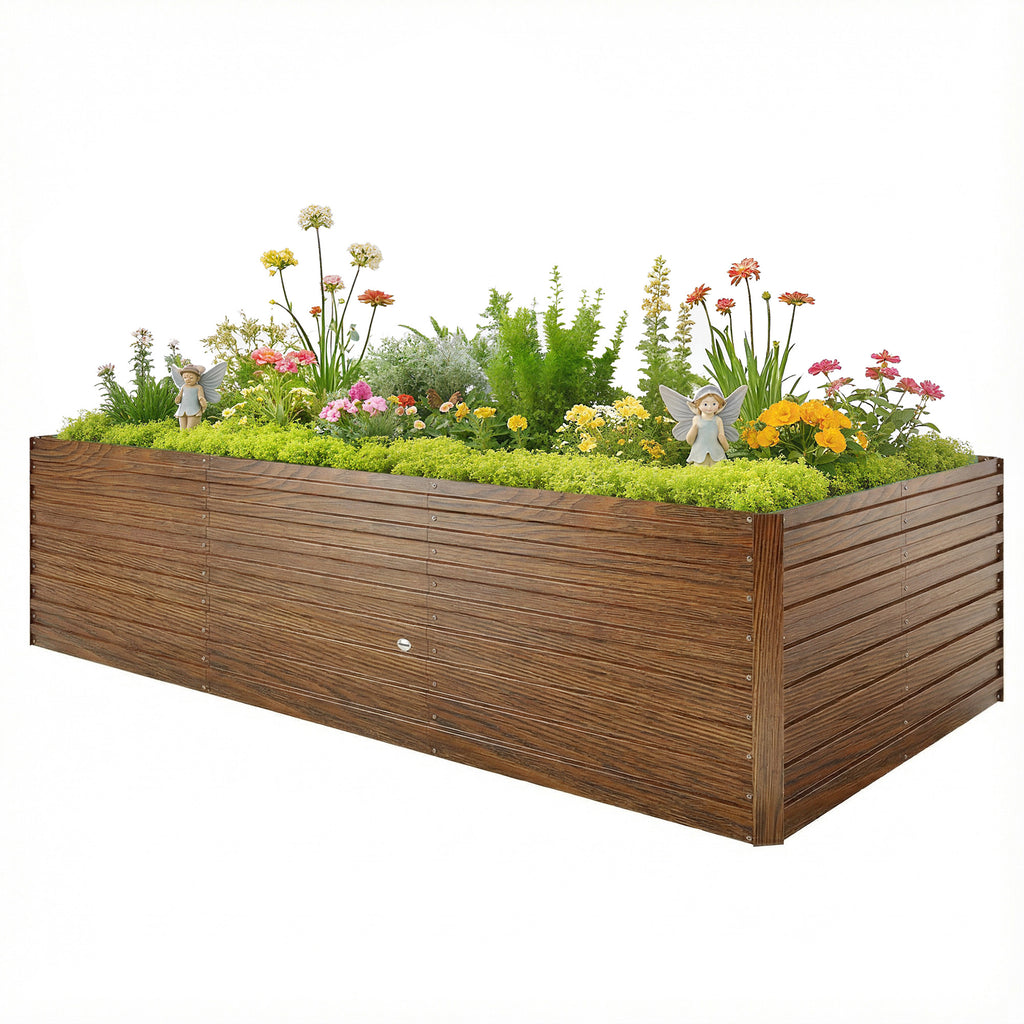 8' x 4' x 2' Raised Garden Bed, Galvanized Planter Box for Growing Flowers, Herbs and Vegetables Dark Brown Wood Effect