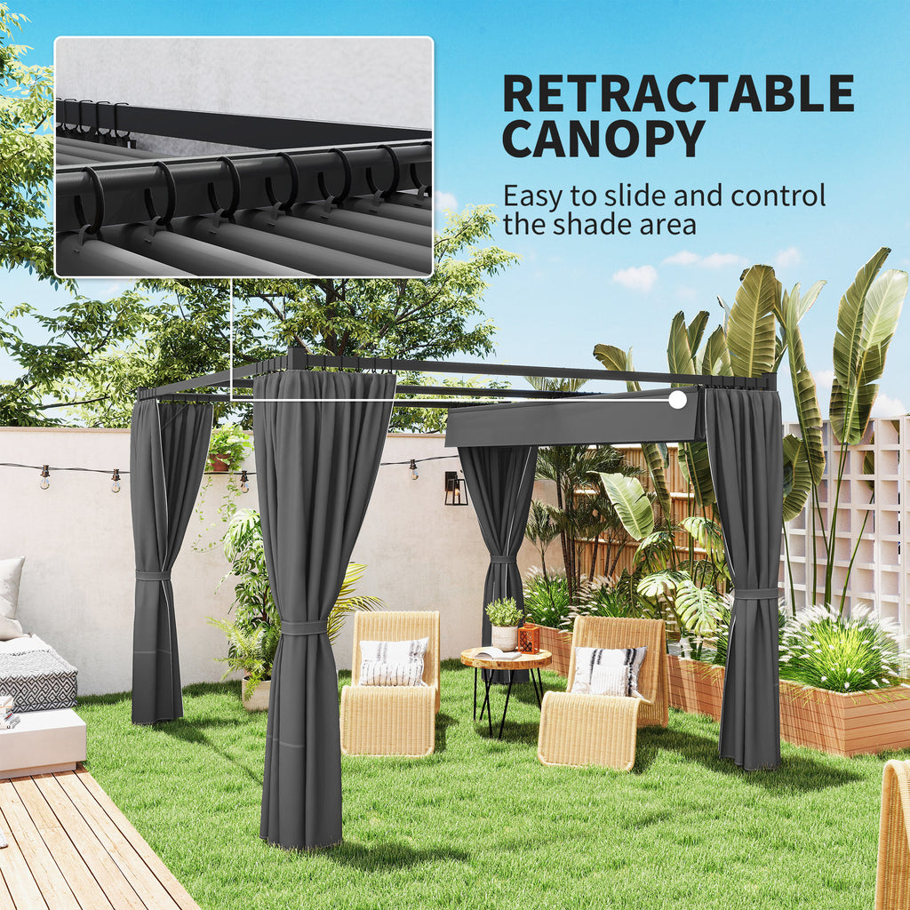 10' x 10' Retractable Pergola Canopy with Sidewalls, Metal Outdoor Gazebo Sun Shade Shelter, Dark Grey
