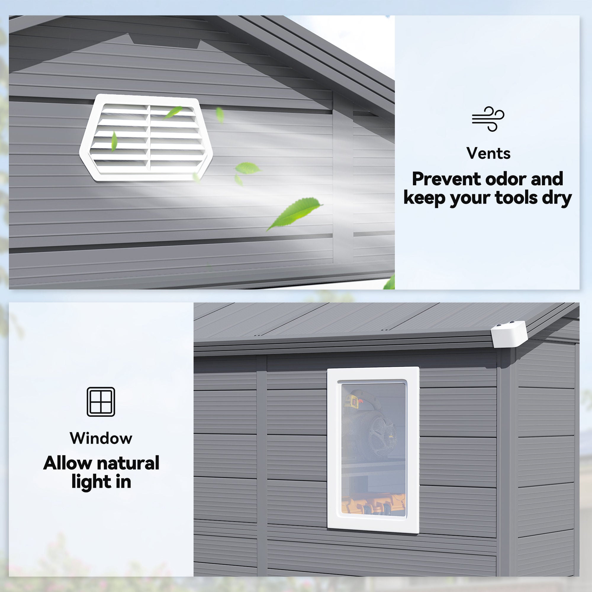 8' x 6' Plastic Garden Storage Shed with Latch Door, Vents, Sloped Roof, Dark Grey
