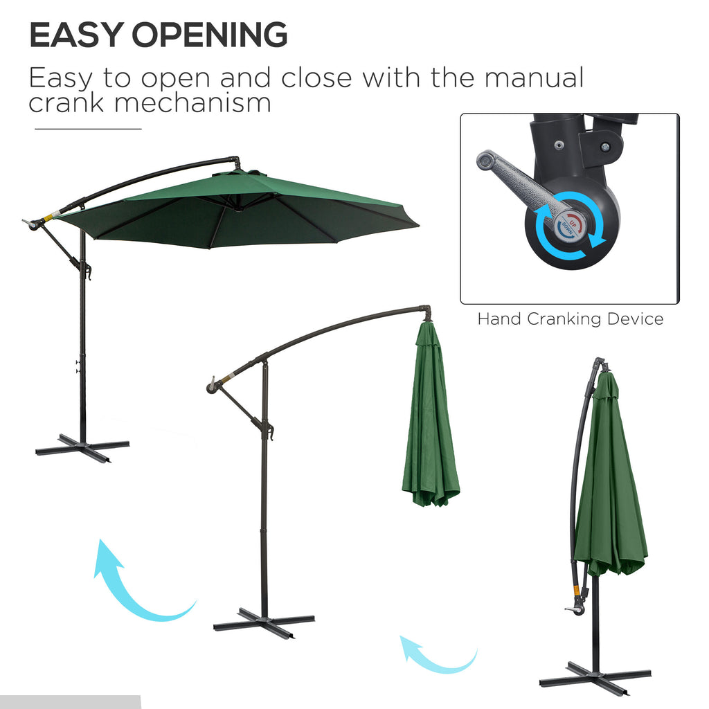 9.7ft Offset Patio UmbrellaCantilever Parasol with Crank Handle, 8 Ribs and Cross Base for Outdoor, Sun Shade, Green