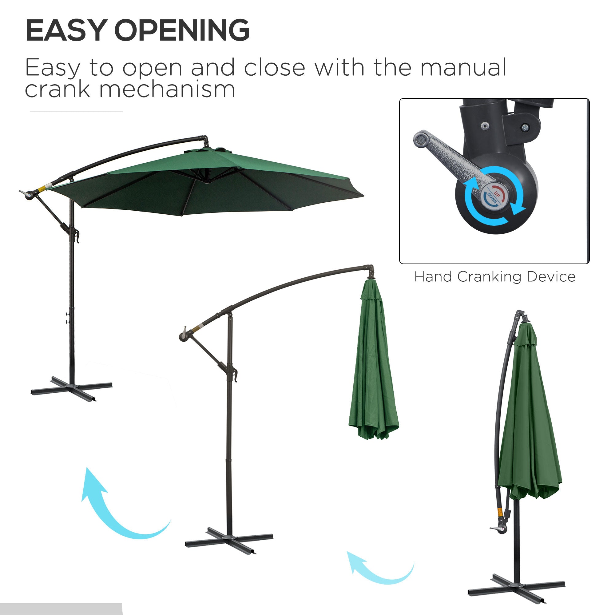 9.7ft Offset Patio UmbrellaCantilever Parasol with Crank Handle, 8 Ribs and Cross Base for Outdoor, Sun Shade, Green