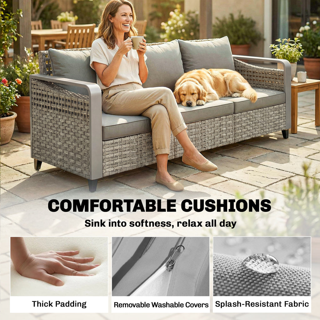 Rattan Wicker Sofa 3-Seater Outdoor Couch with Cushions for Patio Garden Grey