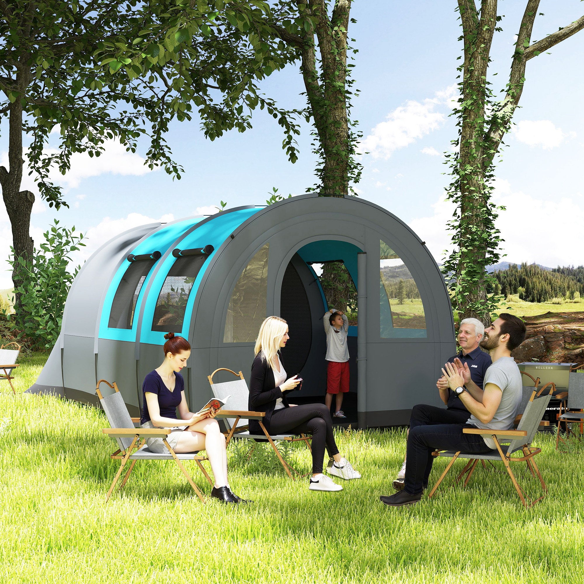 3 Person Camping Tent with Living Room and Bedroom, 3000mm Waterproof Tunnel Large Family Tent, Grey and Blue
