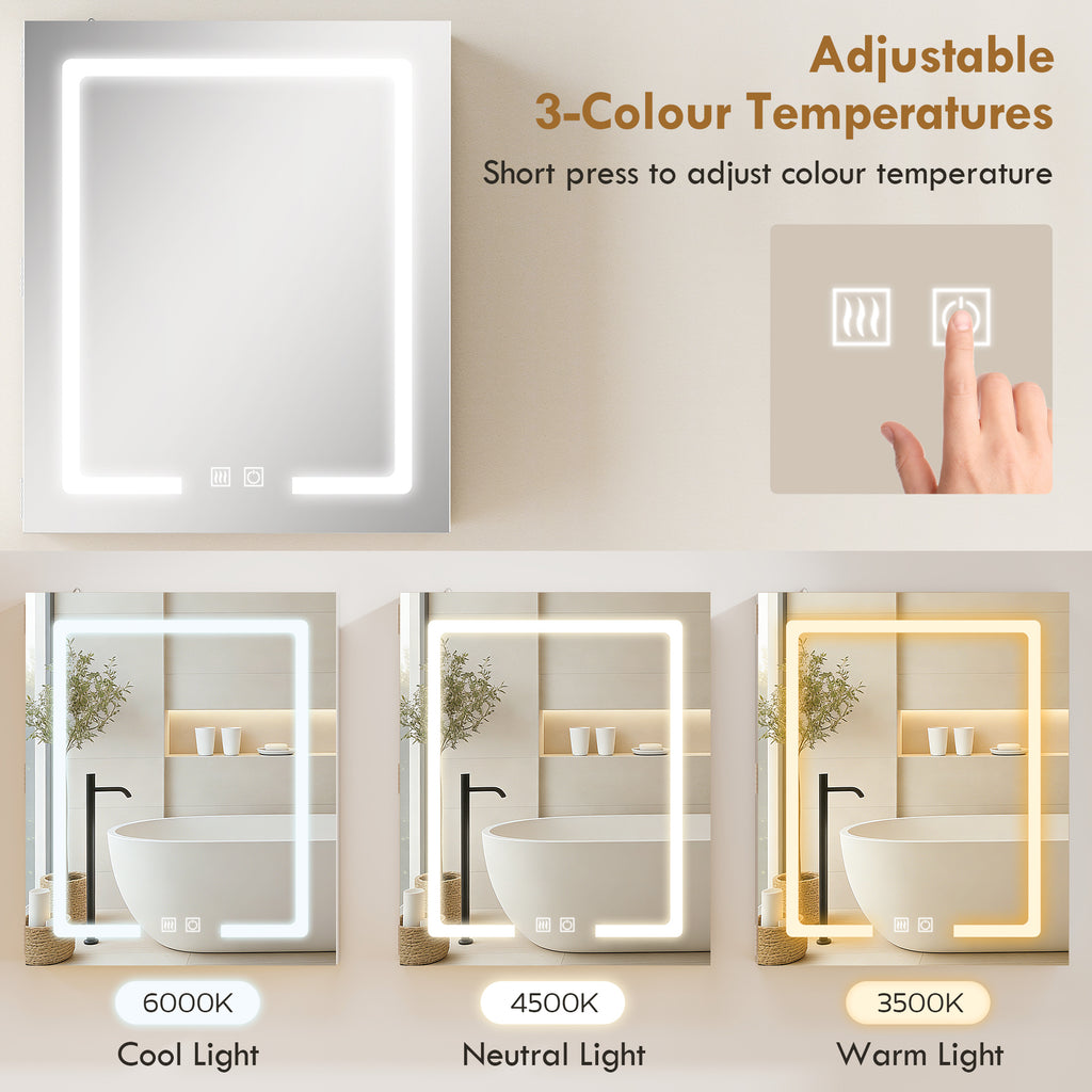 Bathroom Medicine Cabinet with Lights, Wall Mounted Mirror Cabinet with Demister Pad, Adjustable Shelves, White