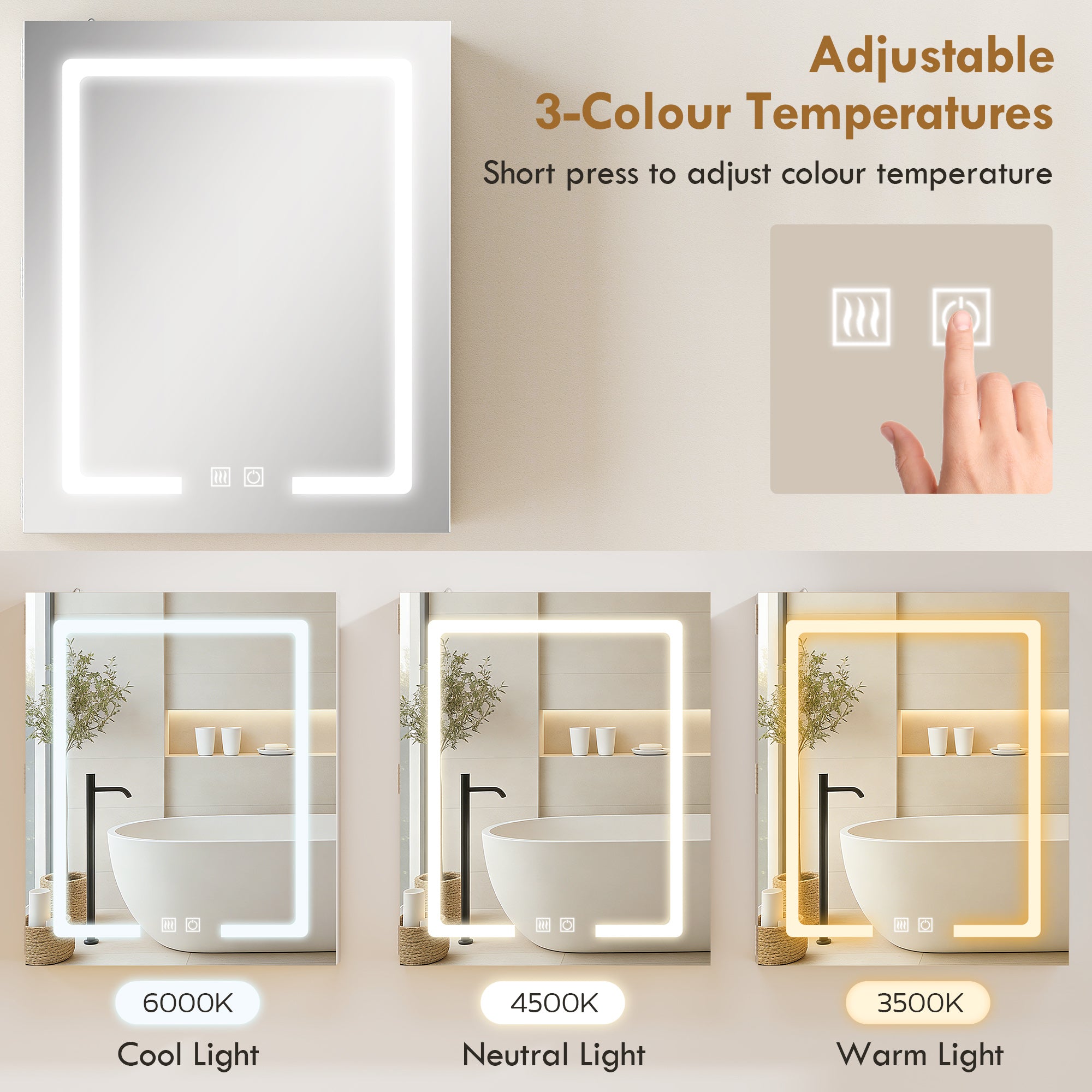 Bathroom Medicine Cabinet with Lights, Wall Mounted Mirror Cabinet with Demister Pad, Adjustable Shelves, White