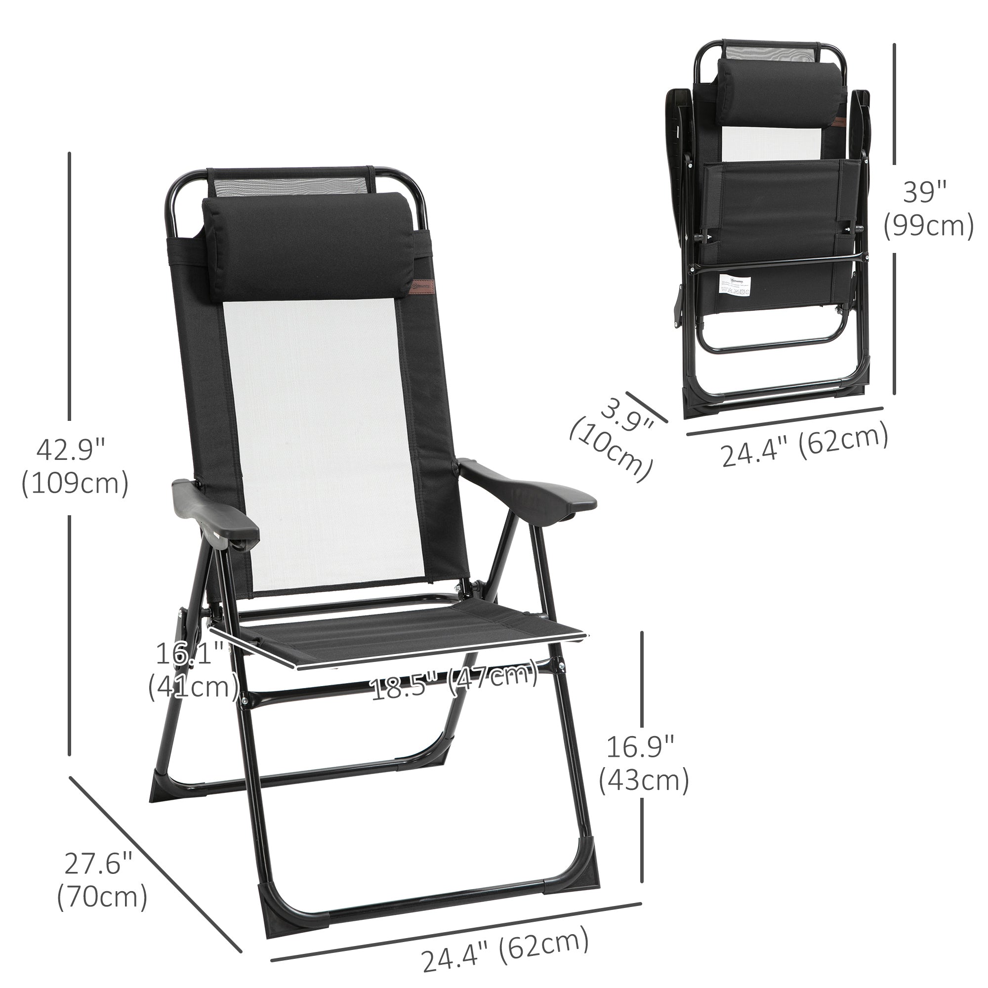 Double Camping Chairs Foldable w/ Reclining & Headrest, Black