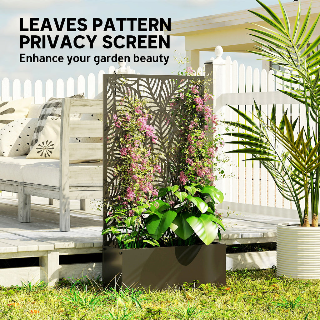 Metal Planter Box with Trellis, 44.5" Raised Garden Bed with Trellis Privacy Screen for Climbing Plants, Leaves Cut-Out