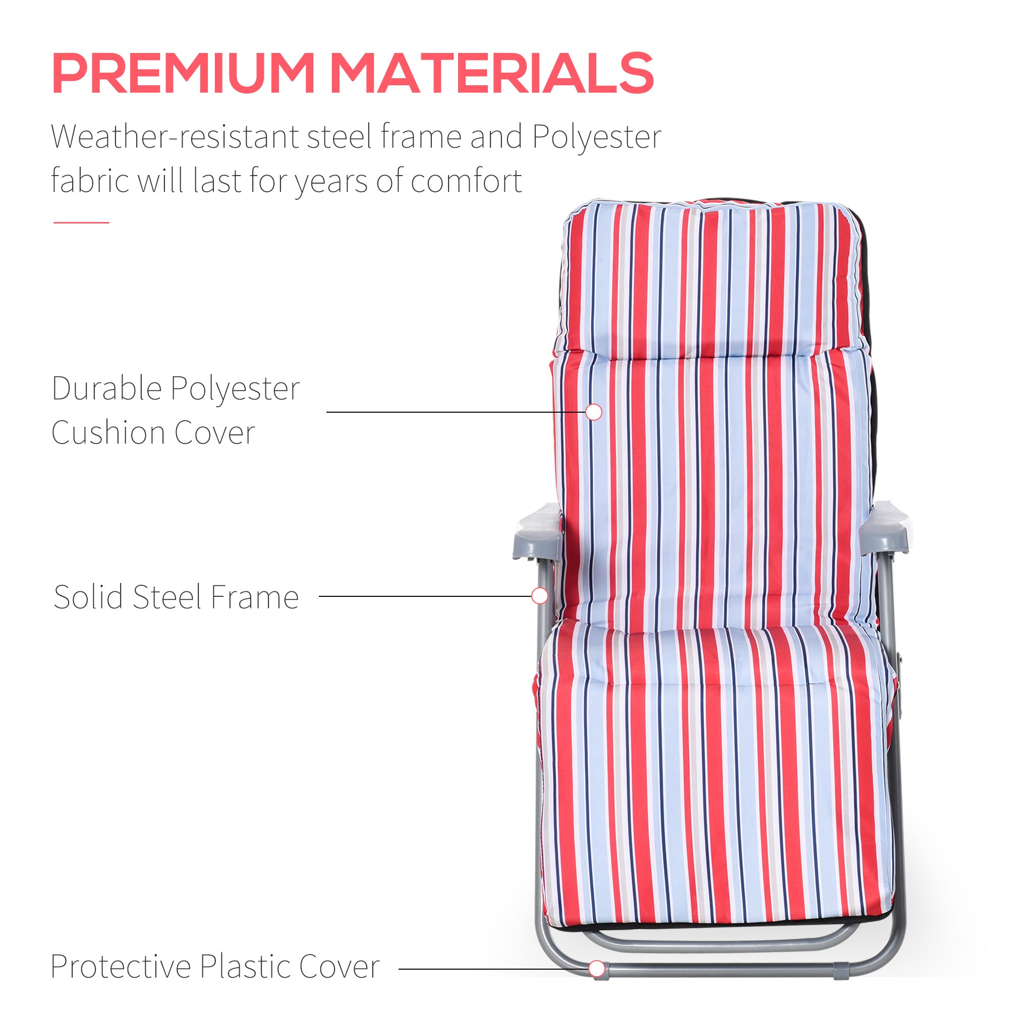 Set of 2 Garden Sun Lounger, Outdoor Reclining Seat Cushioned Seat, Foldable Adjustable Recliner, Grey and Red