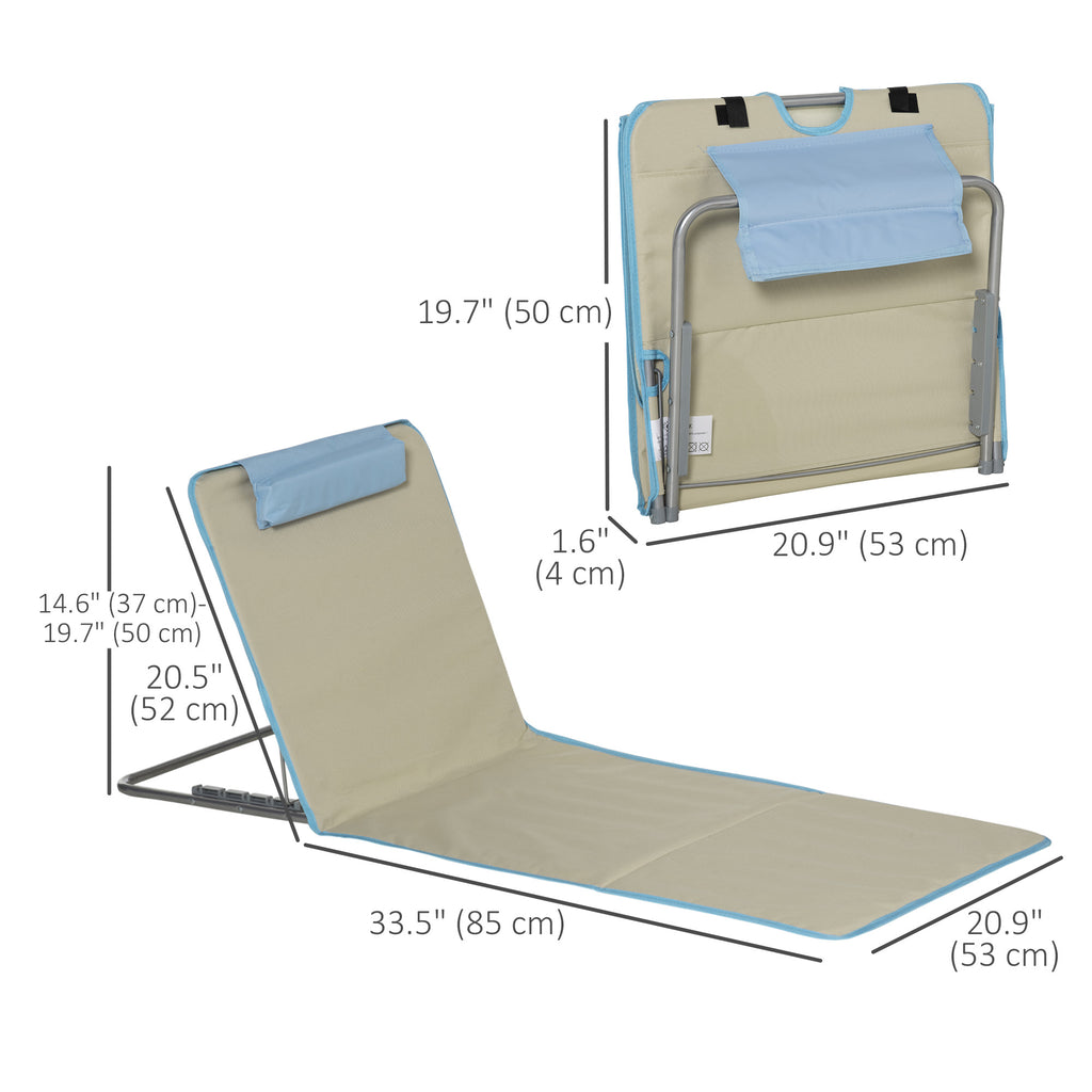 Set of 2 Beach Lounge Chair, Folding Ground Beach Mat w/ Adjustable Back, Steel Frame, Head Pillow and Carry Bag, Beige