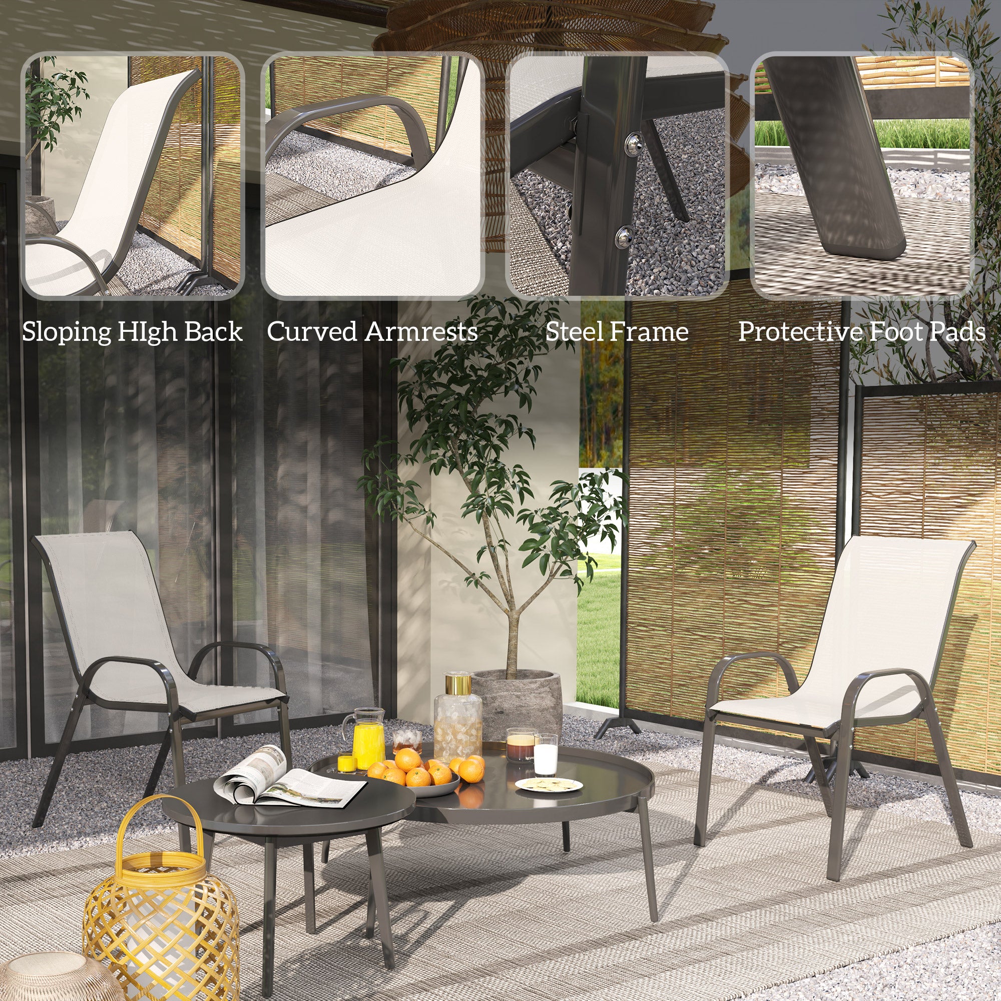 Set of 2 Outdoor Dining Chairs, Stackable Lawn Chairs with High Back, Breathable Mesh Seat for Garden Porch, Light Grey