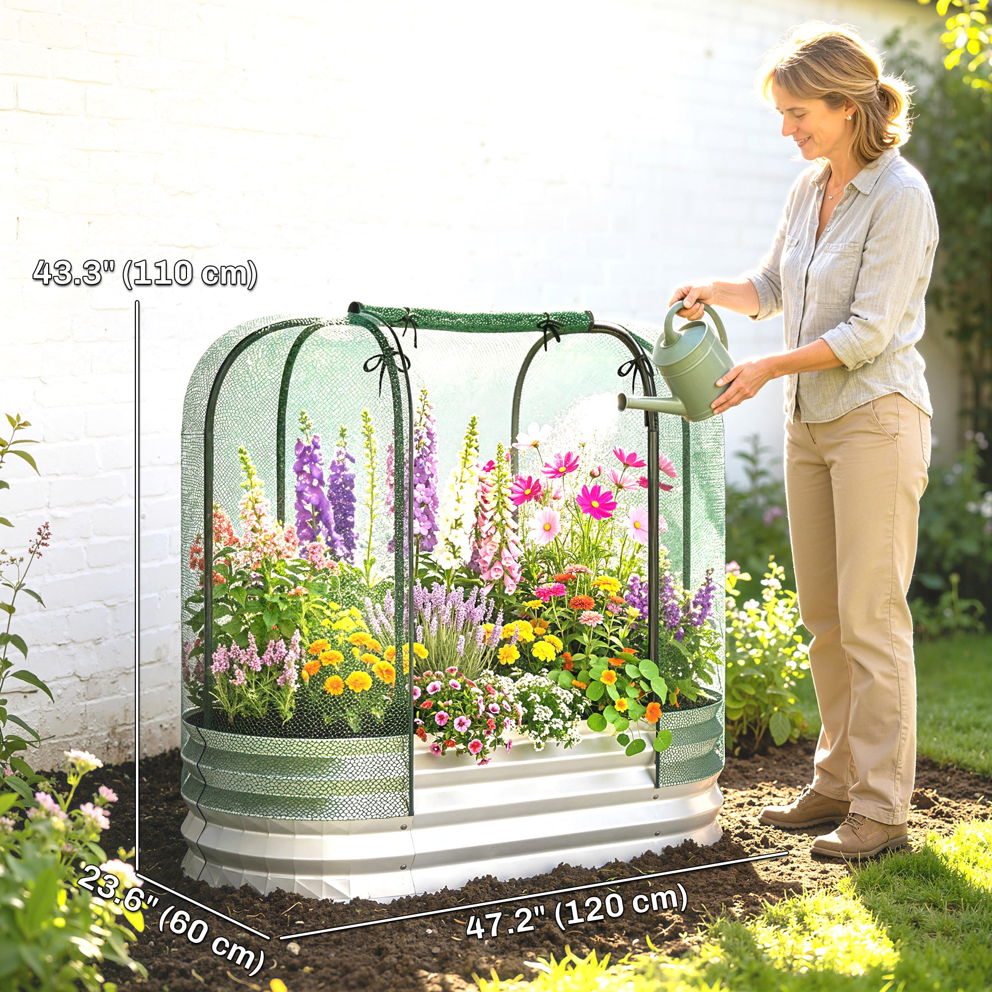 Galvanized Raised Garden Bed with Crop Cage Protection Net Cover, Outdoor Planter Box for Vegetables, Flowers, Herbs