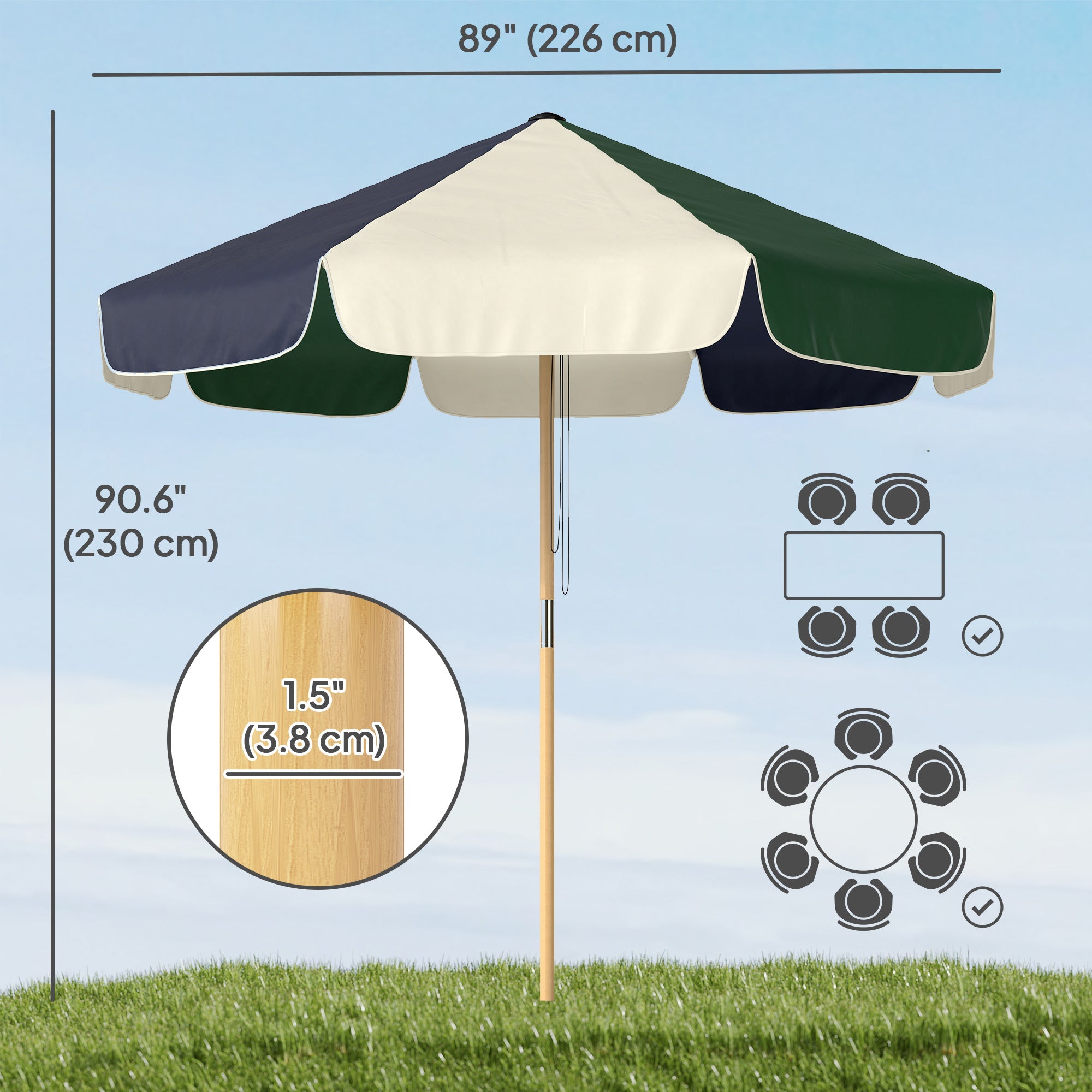 7.4 ft Patio Umbrella with Wood-Effect Frame, Colour-Blocked UPF 30+ Outdoor Market Table Umbrella Parasol, Dark Green
