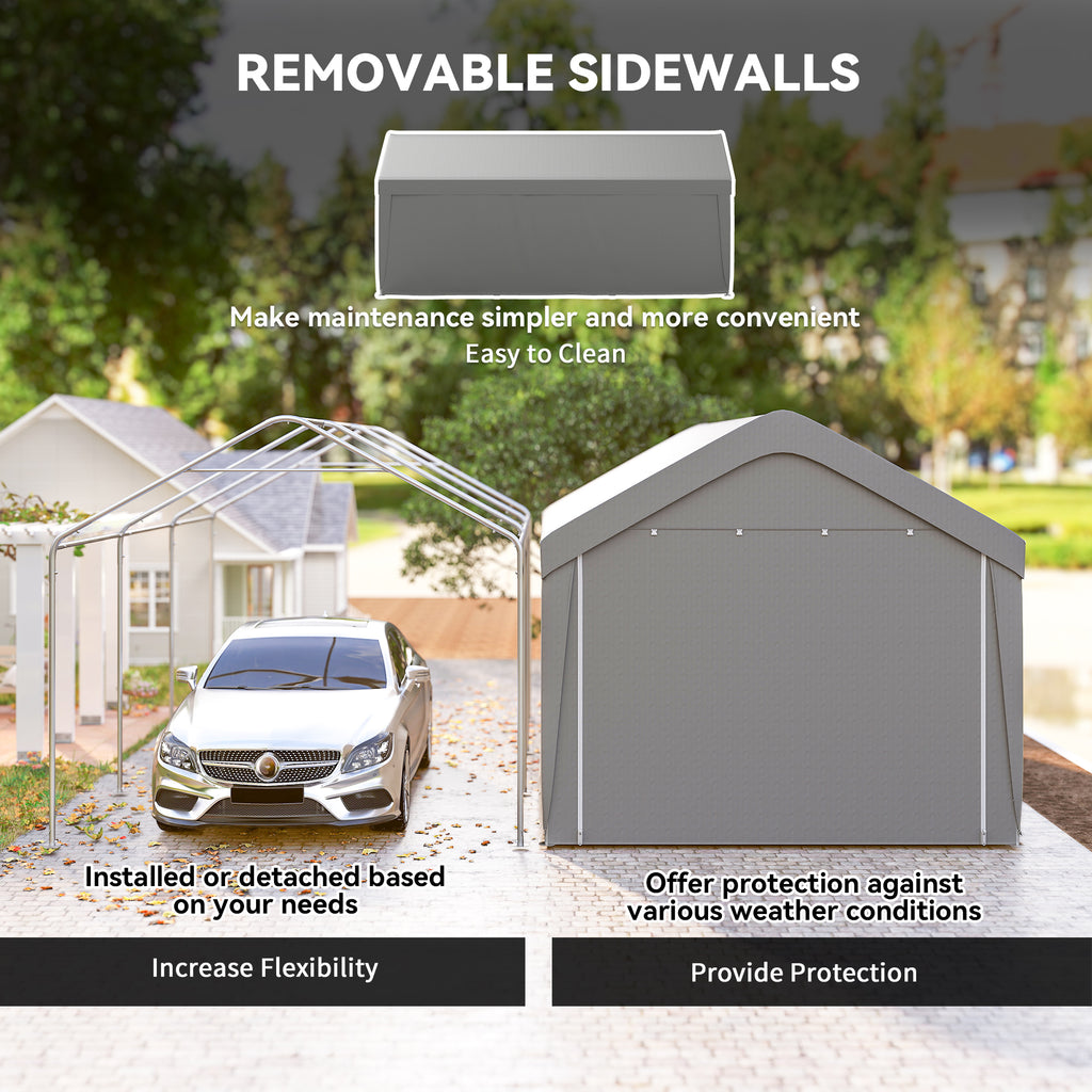 Carport, 10 x 20 ft Portable Garage with 2 Roll-Up Doors and Removable Sidewalls for Car, Truck, Boat, Light Grey