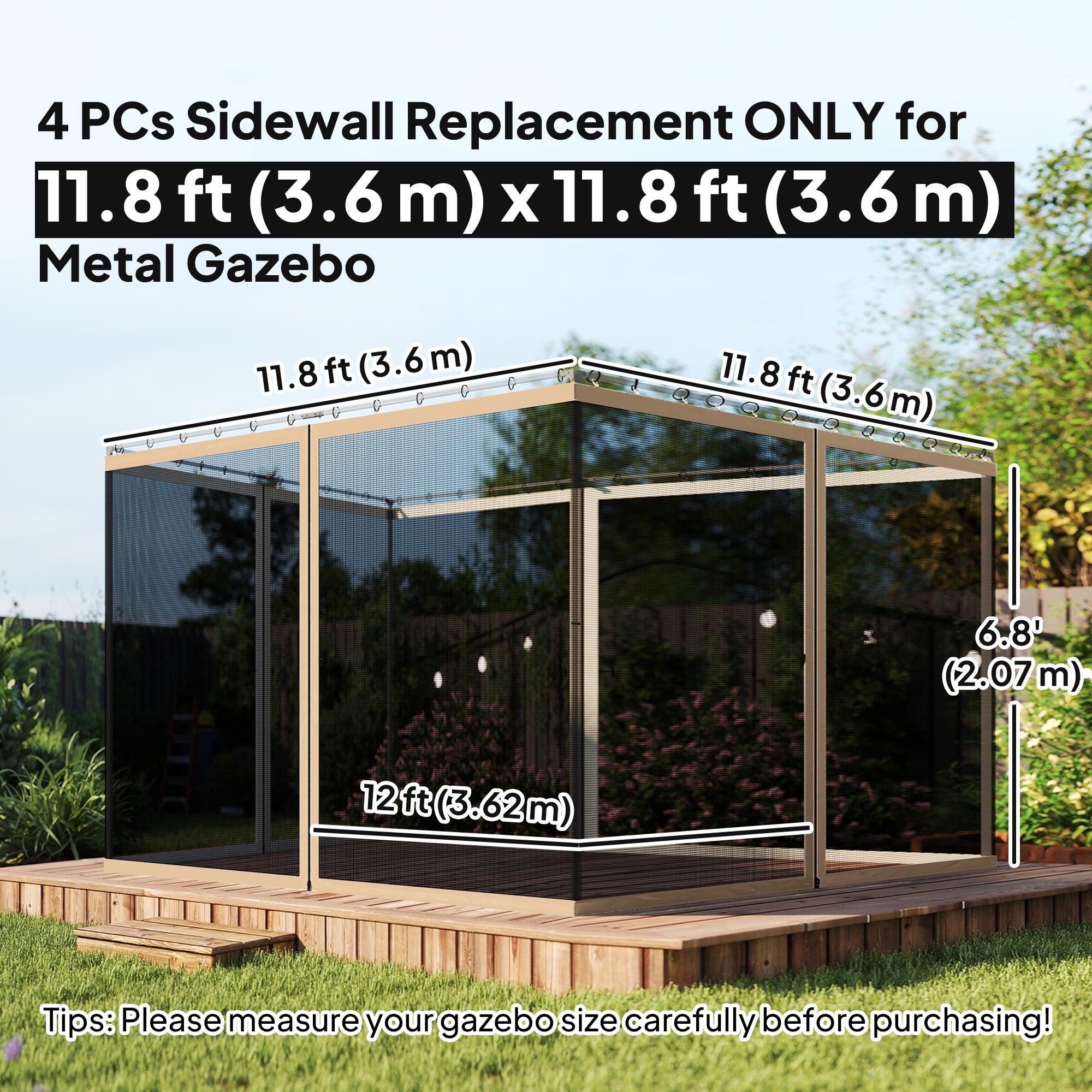 Replacement Mosquito Netting for Gazebo 12' x 12' Black Screen Walls for Canopy with Zippers, Beige