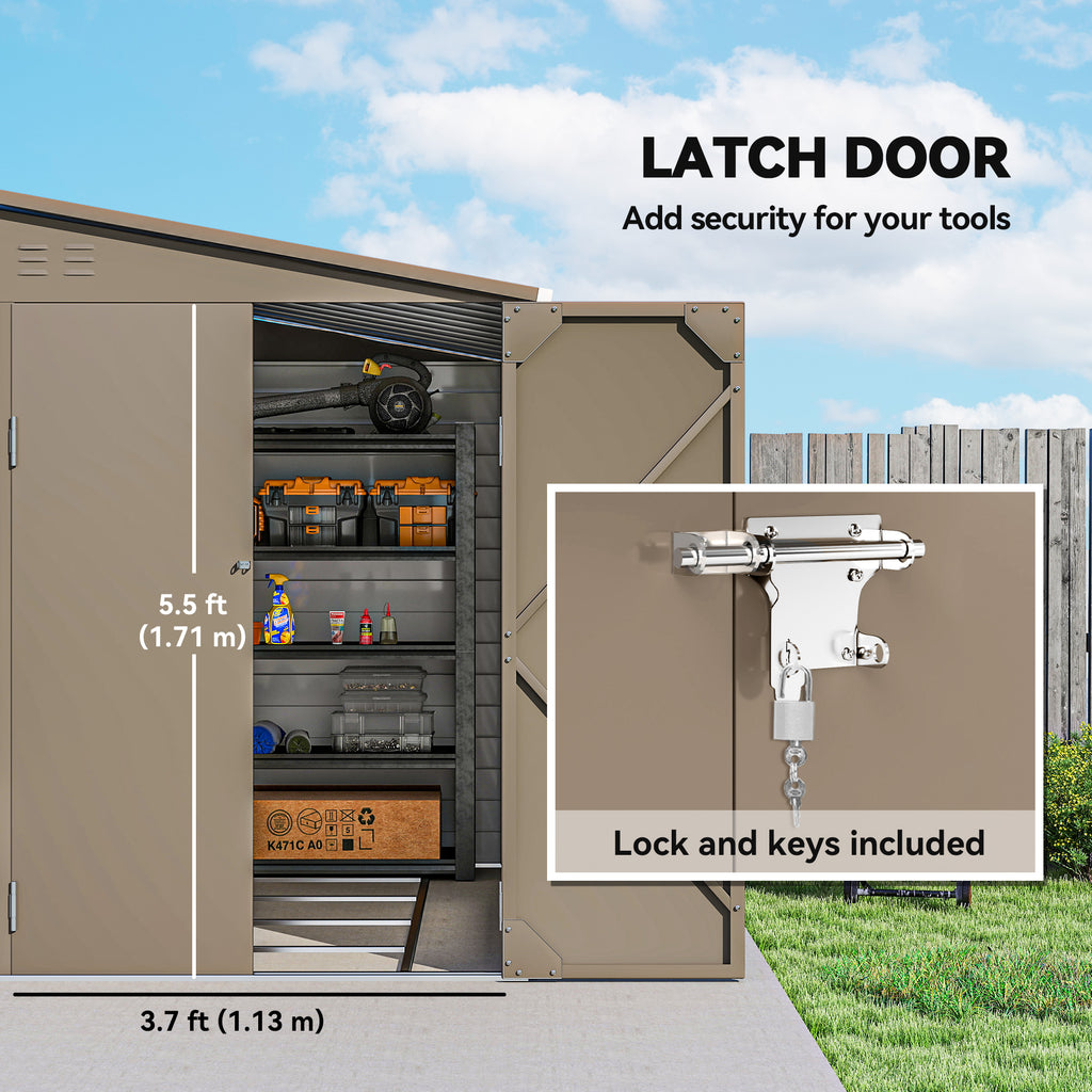 4.6' x 9' Steel Outdoor Storage Shed, Lean to Shed, Metal Tool House with Foundation Kit, Lockable Doors, Gloves and 2 Air Vents for Backyard, Patio, Lawn, Brown