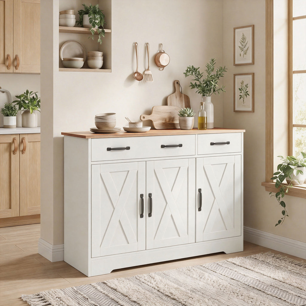 Sideboard Buffet Cabinet, 43" Farmhouse Kitchen Cabinet with 3 Barn Doors, 2 Drawers, 2 Adjustable Shelves, White