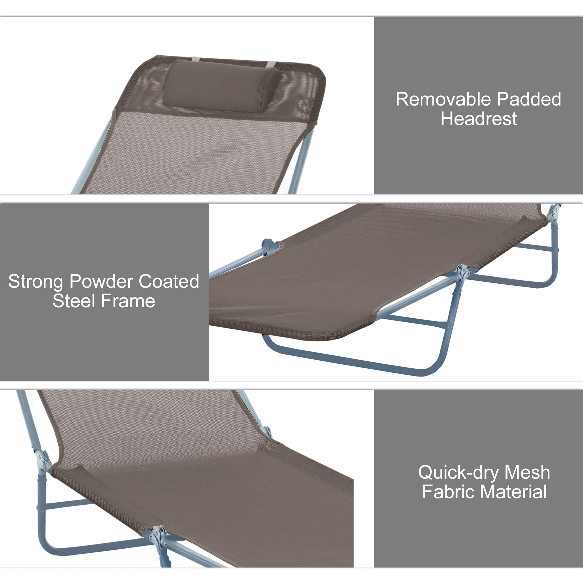 Outdoor Lounge Chair, Portable Adjustable Reclining Seat Folding Chaise Lounge Patio Camping Beach Tanning Chair Bed with Pillow, Brown