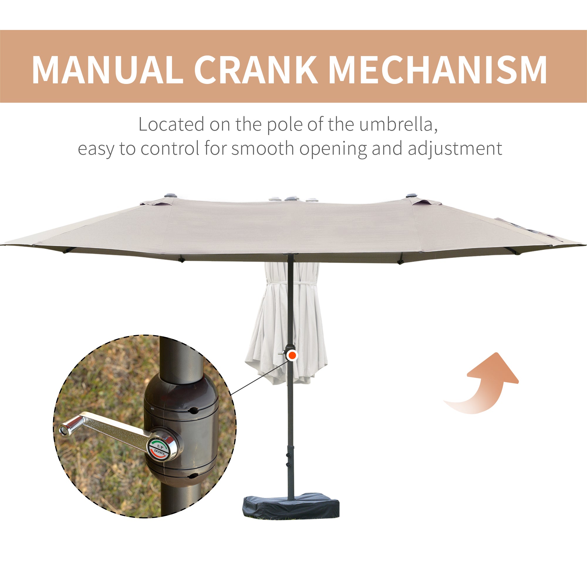 15' Outdoor Patio Umbrella with Twin Canopy Sunshade Steel Table Umbrella w/ Lift Crank, Cross base, Sandbag, Light Grey