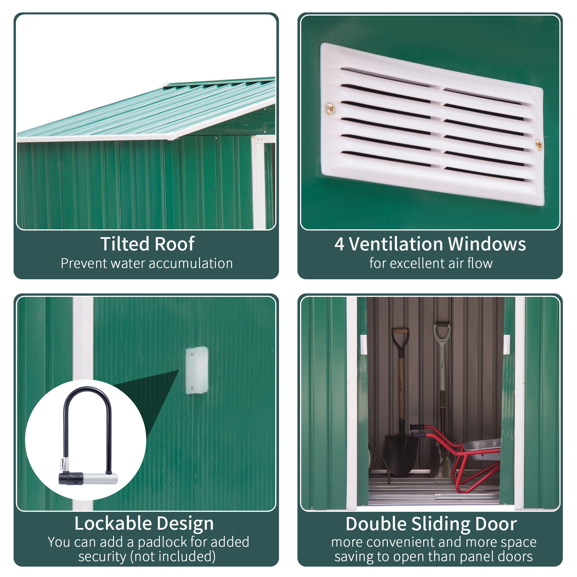 7' x 4' x 6' Garden Storage Shed Outdoor Patio Metal Tool Storage House w/ Foundation Kit and Double Doors Green