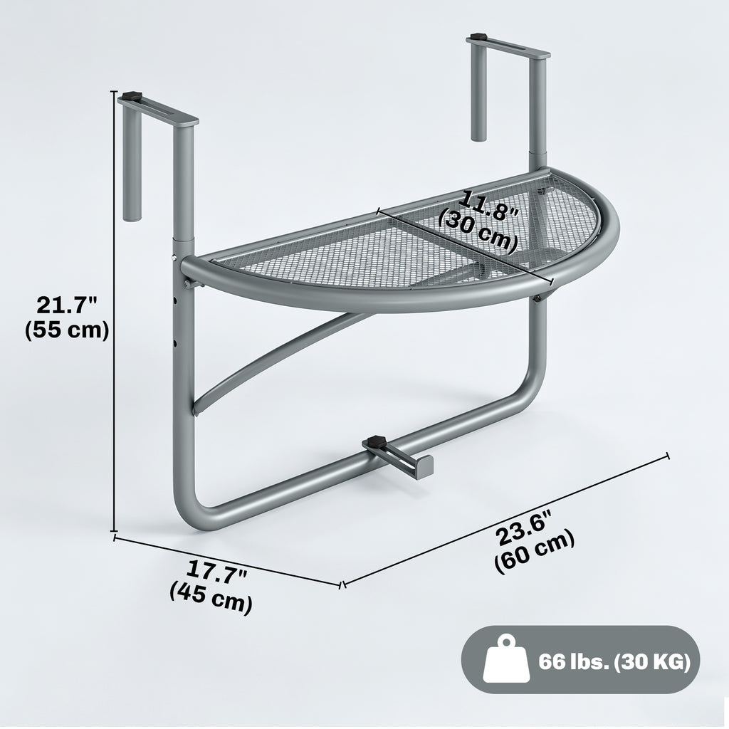 Adjustable Balcony Hanging Railing Table, Metal Mounting Mini Wall Desk Storage Rack, Outdoor Flower Stand Serving Table Half Round, Grey