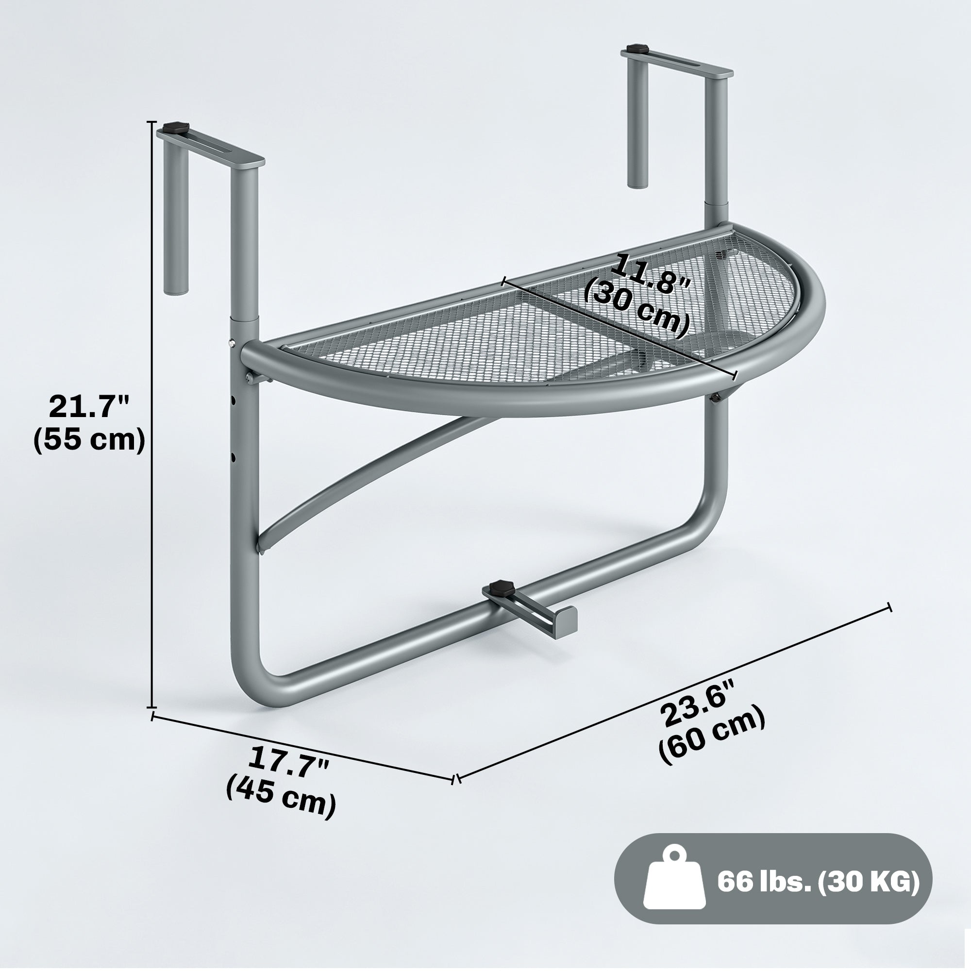 Adjustable Balcony Hanging Railing Table, Metal Mounting Mini Wall Desk Storage Rack, Outdoor Flower Stand Serving Table Half Round, Grey