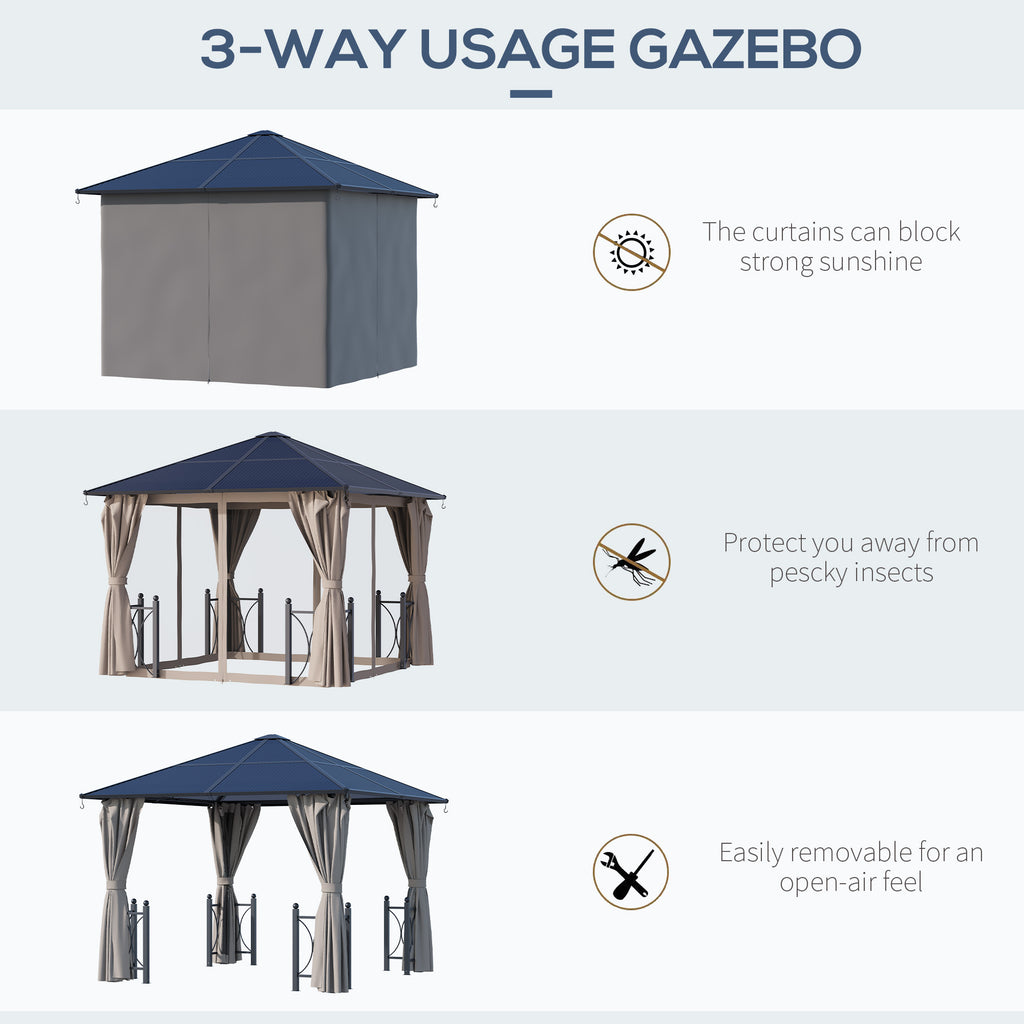 10' x 10' Hardtop Gazebo with PC Board Roof and Aluminum Frame, Patio Gazebo with Curtains and Netting for Party Wedding Marquee Tent, Black