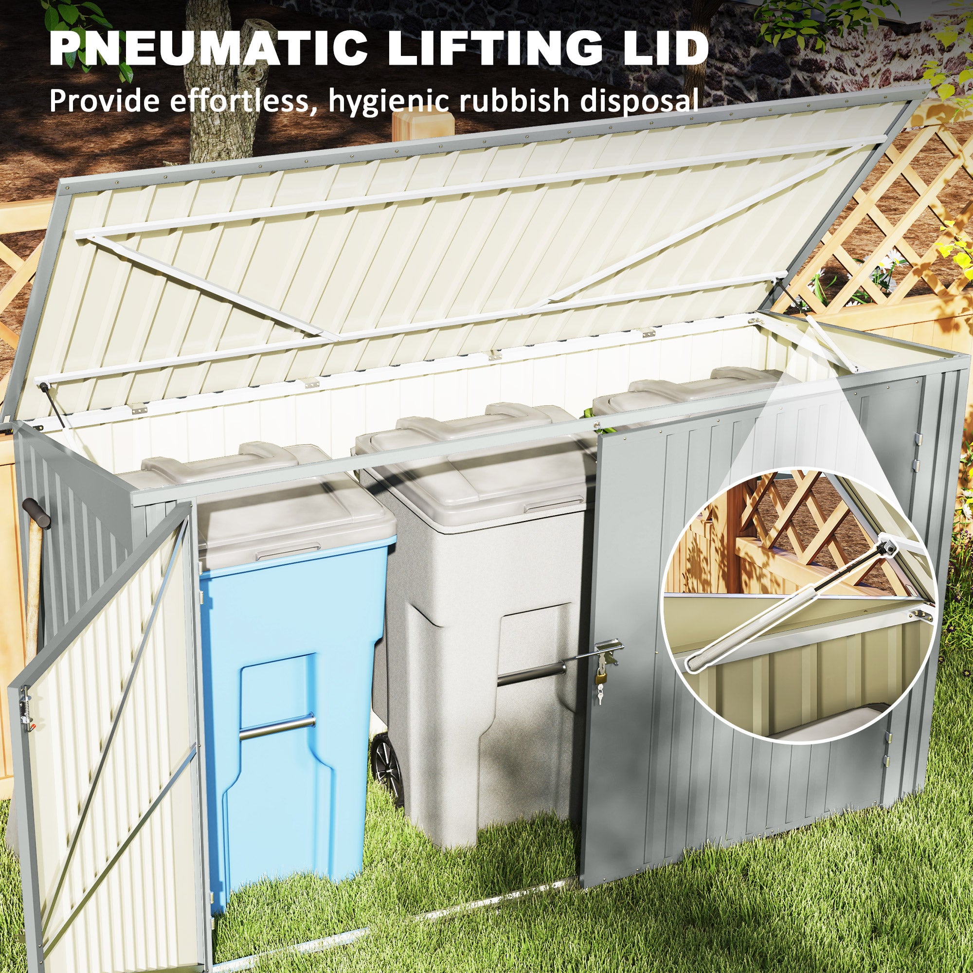 7.6 x 3.4ft Outdoor Storage Shed, 3 Garbage Bin Shed Organizer with Lockable Double Doors, Openable Lid, Silver Grey