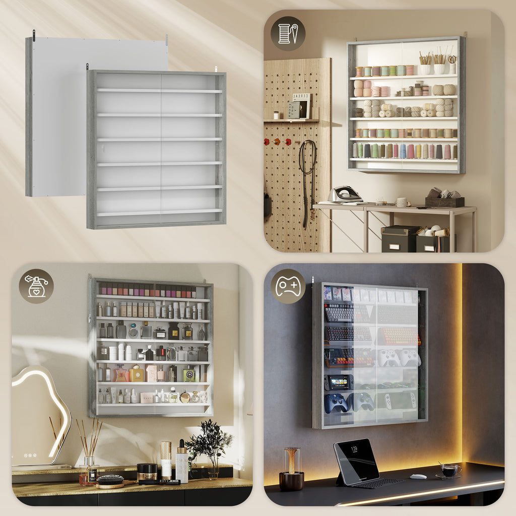 7-Tier Display Cabinet, Shot Glass Display Case, Glass Curio Cabinet with 2 Glass Doors and 6 Adjustable Shelves, Grey