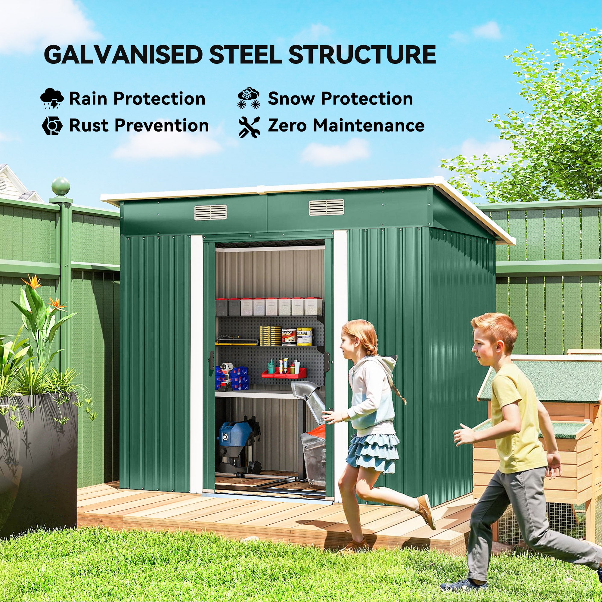 7'x 4' Metal Patio Storage Shed Garden Lockable Shed Tool Utility Storage Unit, Green