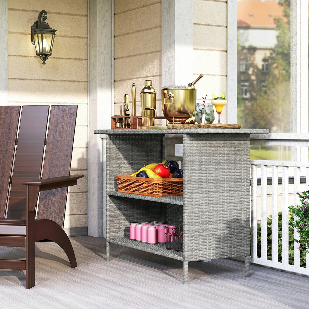 Wicker Outdoor Bar Table, PE Rattan Bar Height Patio Table with 2 Shelves, Steel Frame for Garden, Backyard, Dark Grey