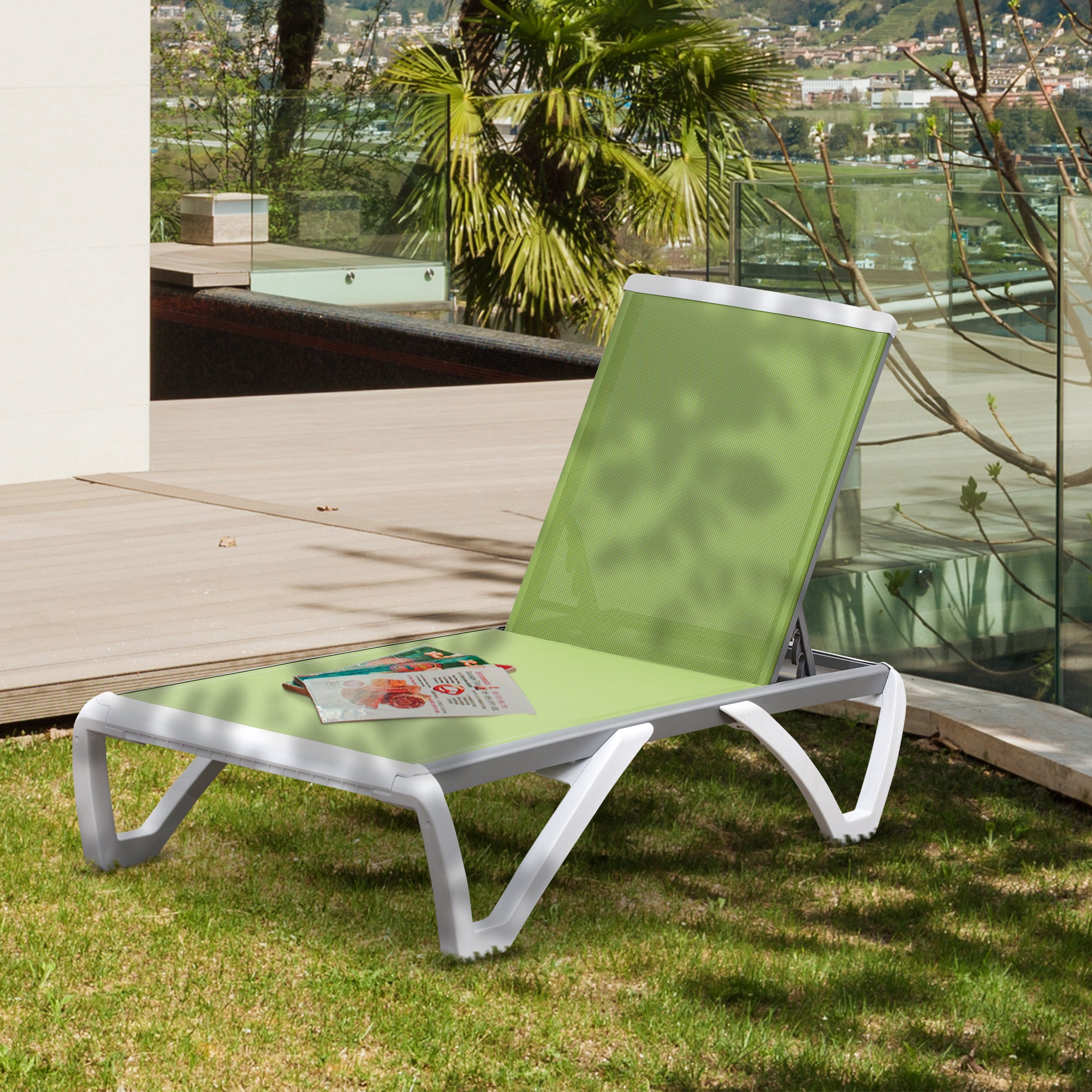 Outdoor Chaise Lounge Chair, Patio Aluminum Tanning Chair with 5-Level Adjustable Back, Portable Wheels, Breathable Mesh Fabric, for Pool, Deck, Garden, Green
