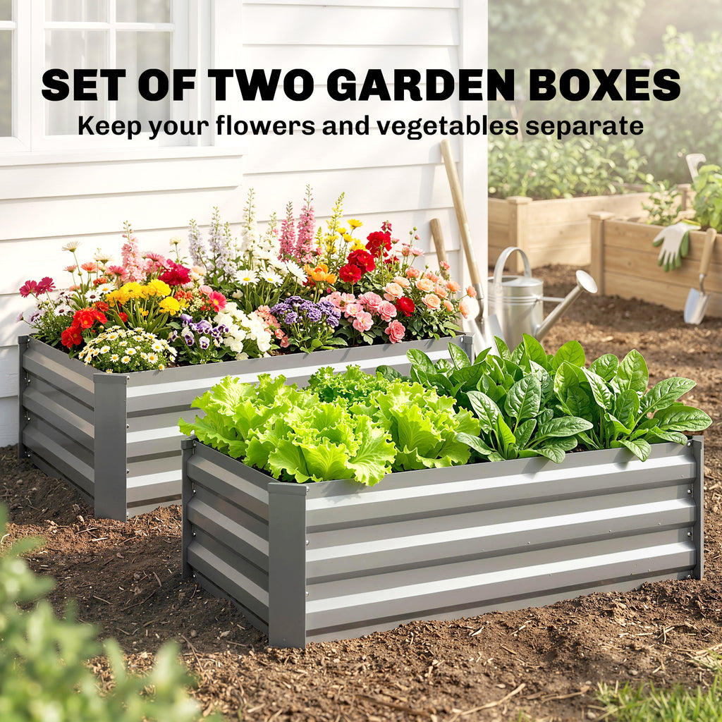 Set of 2 Galvanized Raised Beds for Garden, Outdoor Planter Box for Flowers, Herbs and Vegetables, Light Grey