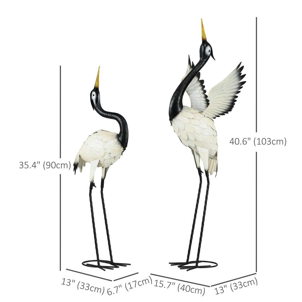 Set of 2 Garden Sculptures Heron Statues Lawn Patio Backyard Ornaments, 35.4"-40.6", White and Black
