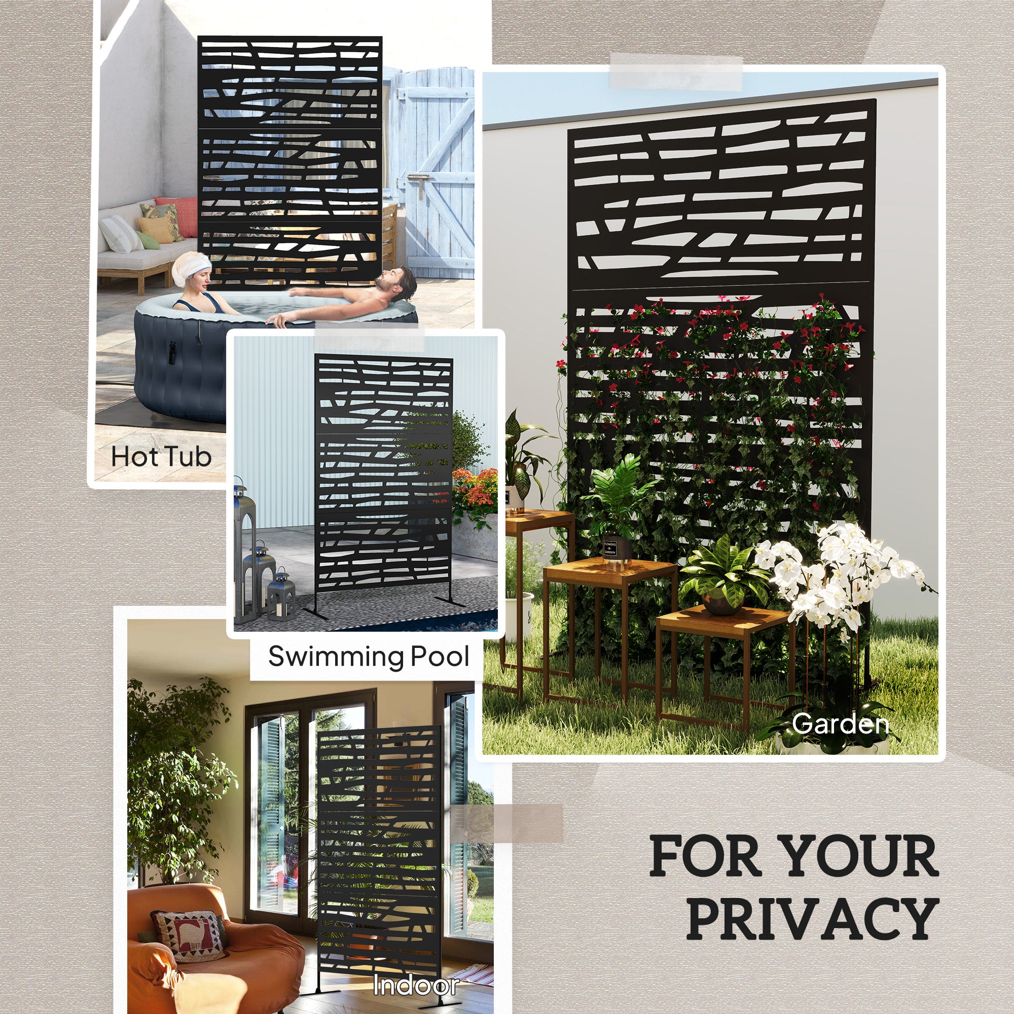Decorative Outdoor Privacy Panel with Stand, Freestanding Metal Outdoor Divider for Garden, Backyard, Deck, Black