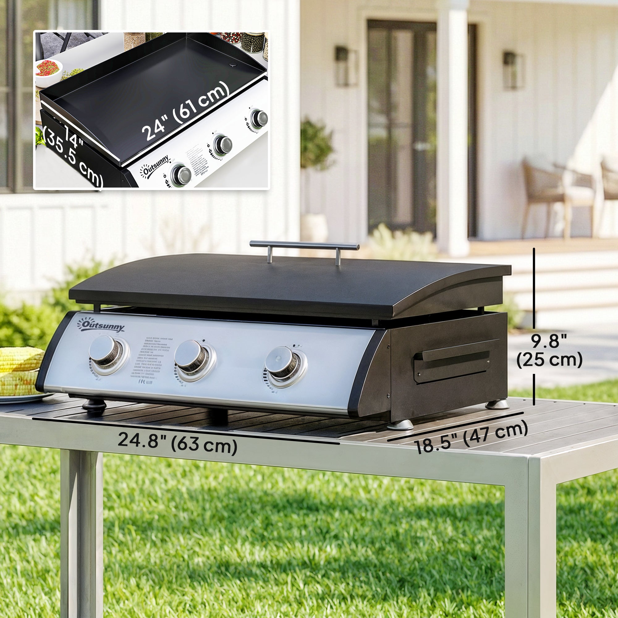 Propane Gas Grill with 3 Main Burners, 8530 BTU Outdoor BBQ Grill Cart with Non-Stick Griddle and Lid, Black